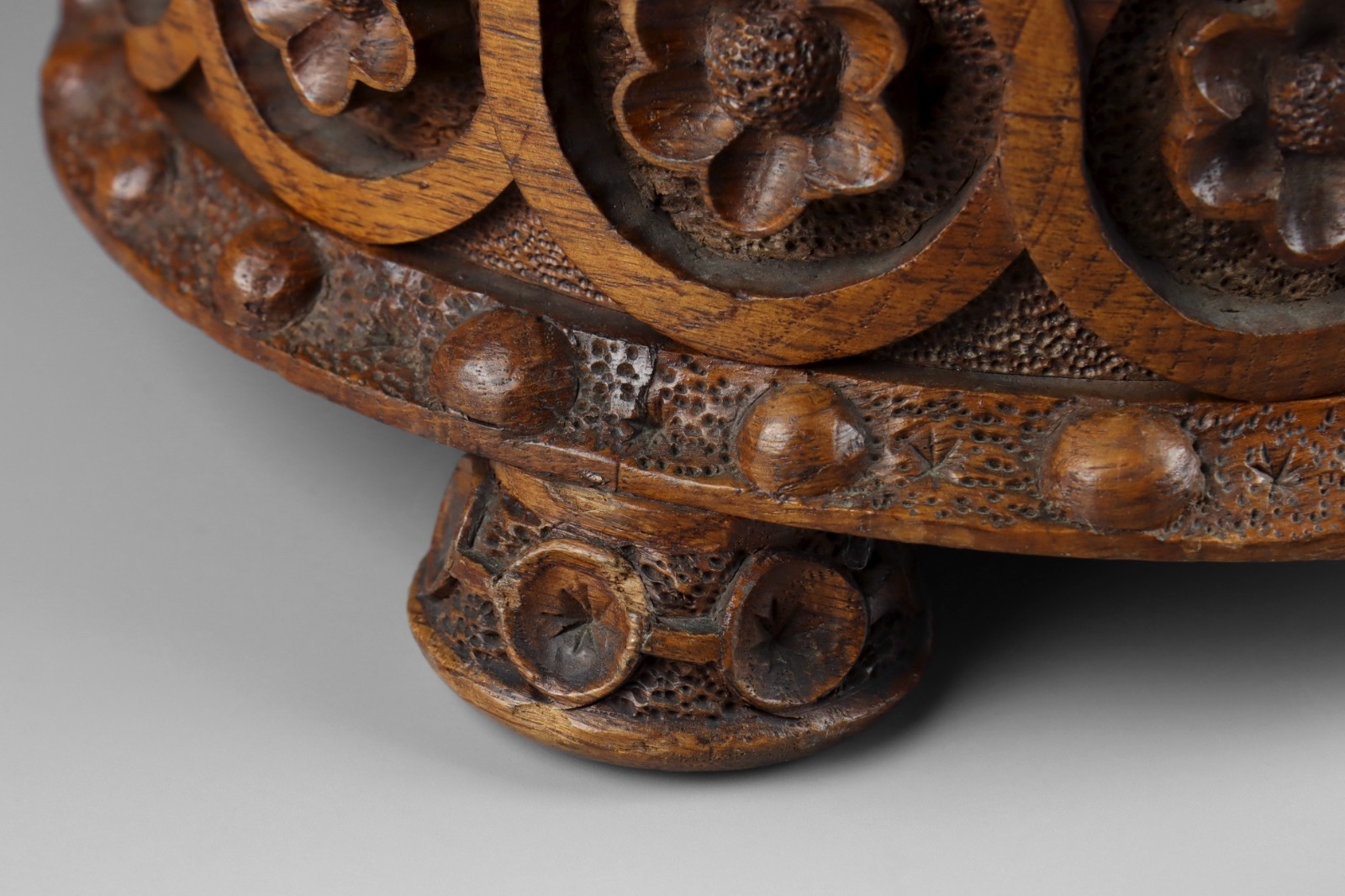 Antique 19th Century Ecclesiastical Gothic Carved Wood Oak Beaded Footstool