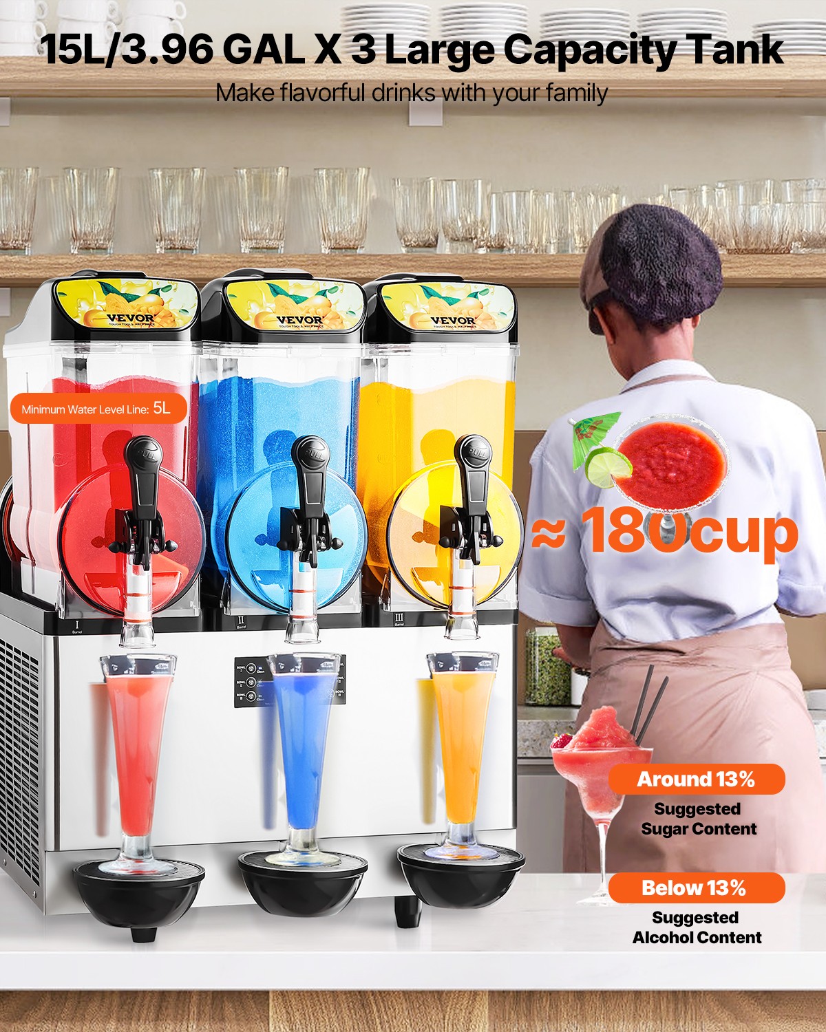 VEVOR Commercial Slushy Machine 15Lx3 Tank Margarita Smoothie Frozen Drink Maker