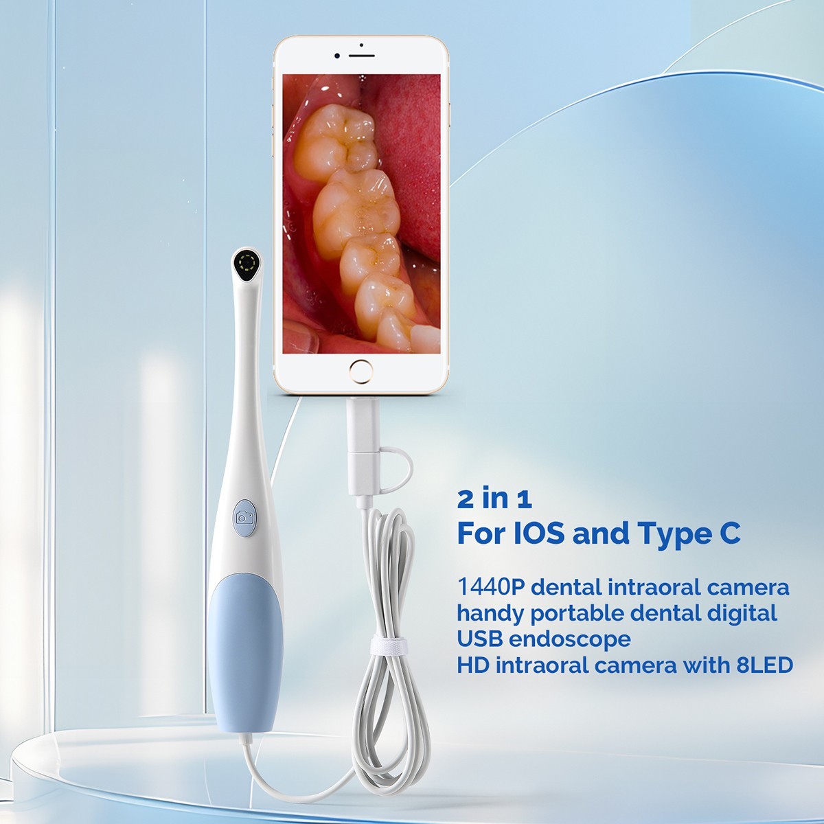Dental Oral Endoscope USB Intraoral Camera 8 LED light Apple&Type-C 1M cable