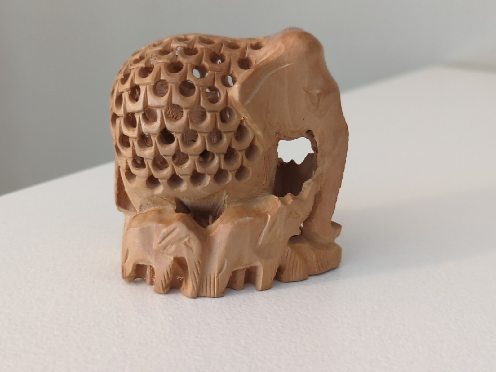 Hand Carved Wooden Elephant Family w/Baby Inside Figurine 3" Tall Intricate