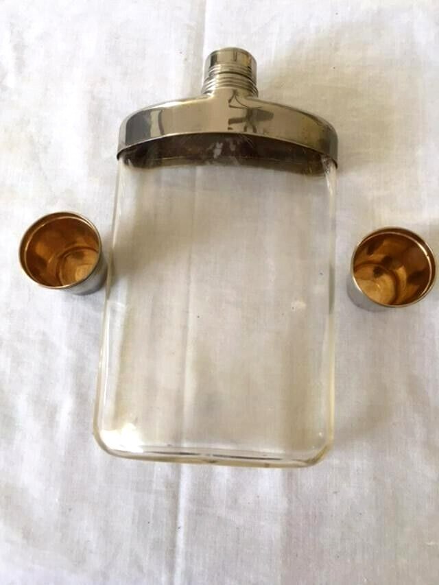 Vintage Flask Plastic Silver Plate  Two Cups Silver Gold Tone Camping Hiking