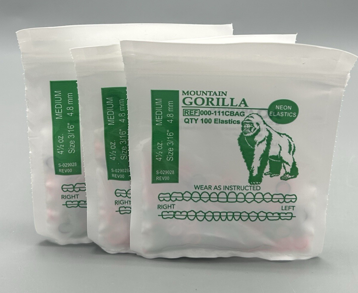3 Neon Mountain Gorilla American Orthodontics Dental Elastics Bands