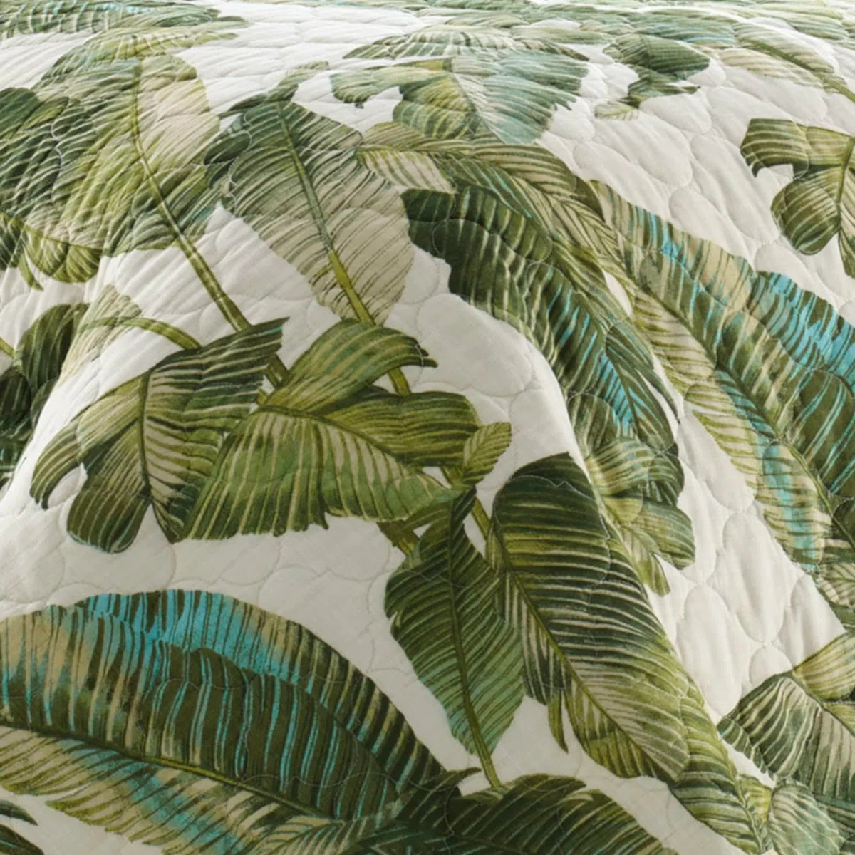 Queen Quilt Set Green Coastal Botanical Tropical Floral Bahama Exotic Leaves 3Pc
