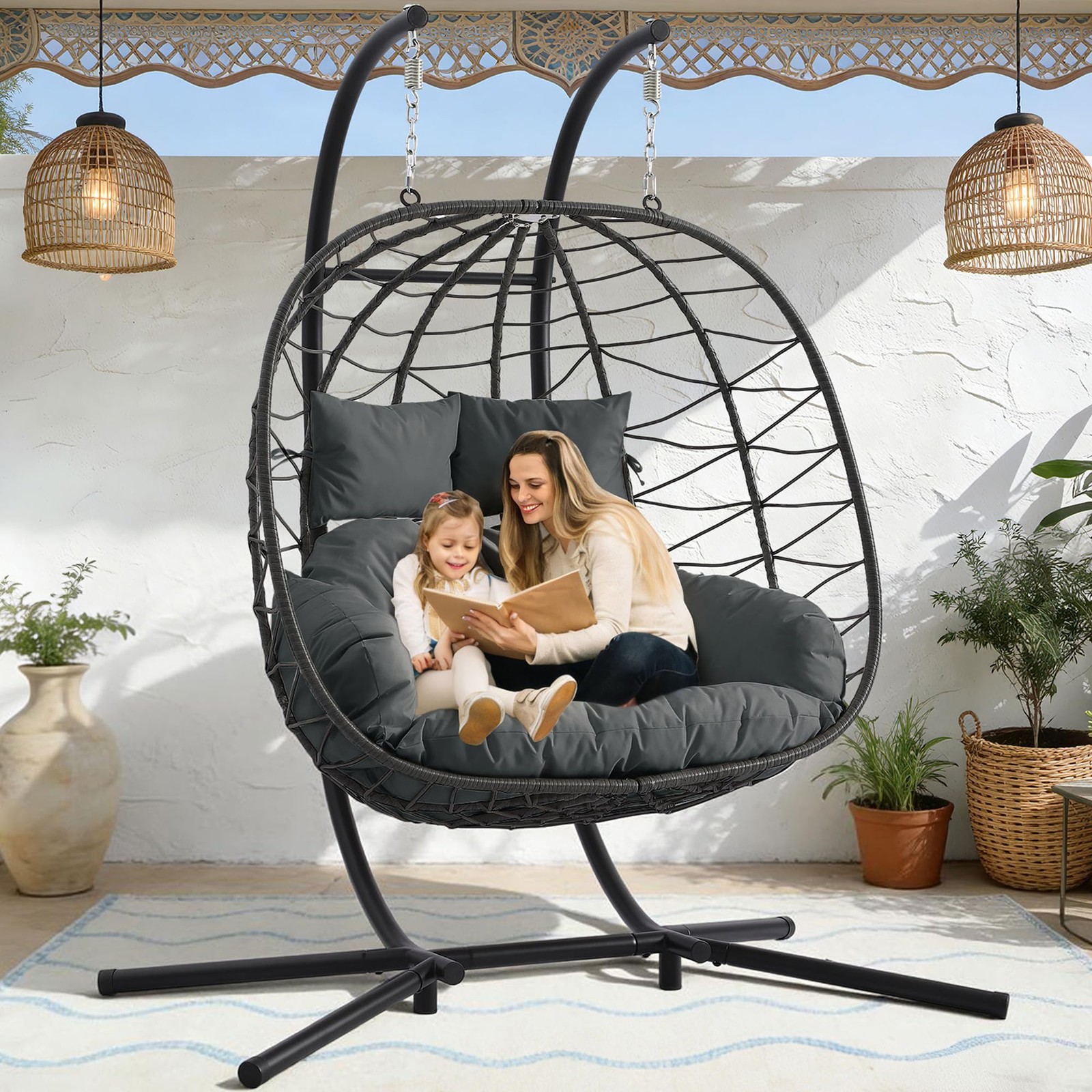 Double Outdoor Hanging Egg Chair with Stand & Oversized Cushion