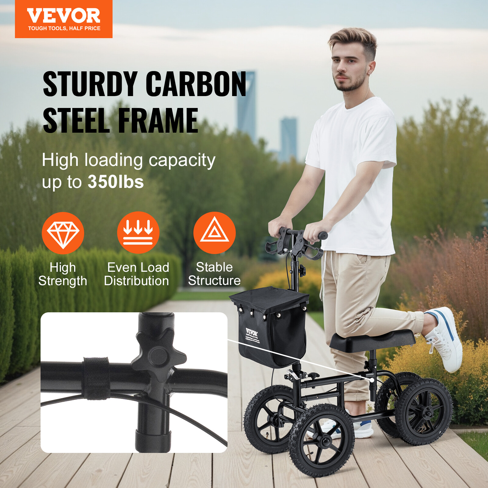 VEVOR Knee Scooter Carbon Steel Folding Knee Walker Recovery Scooter 350LB Loads