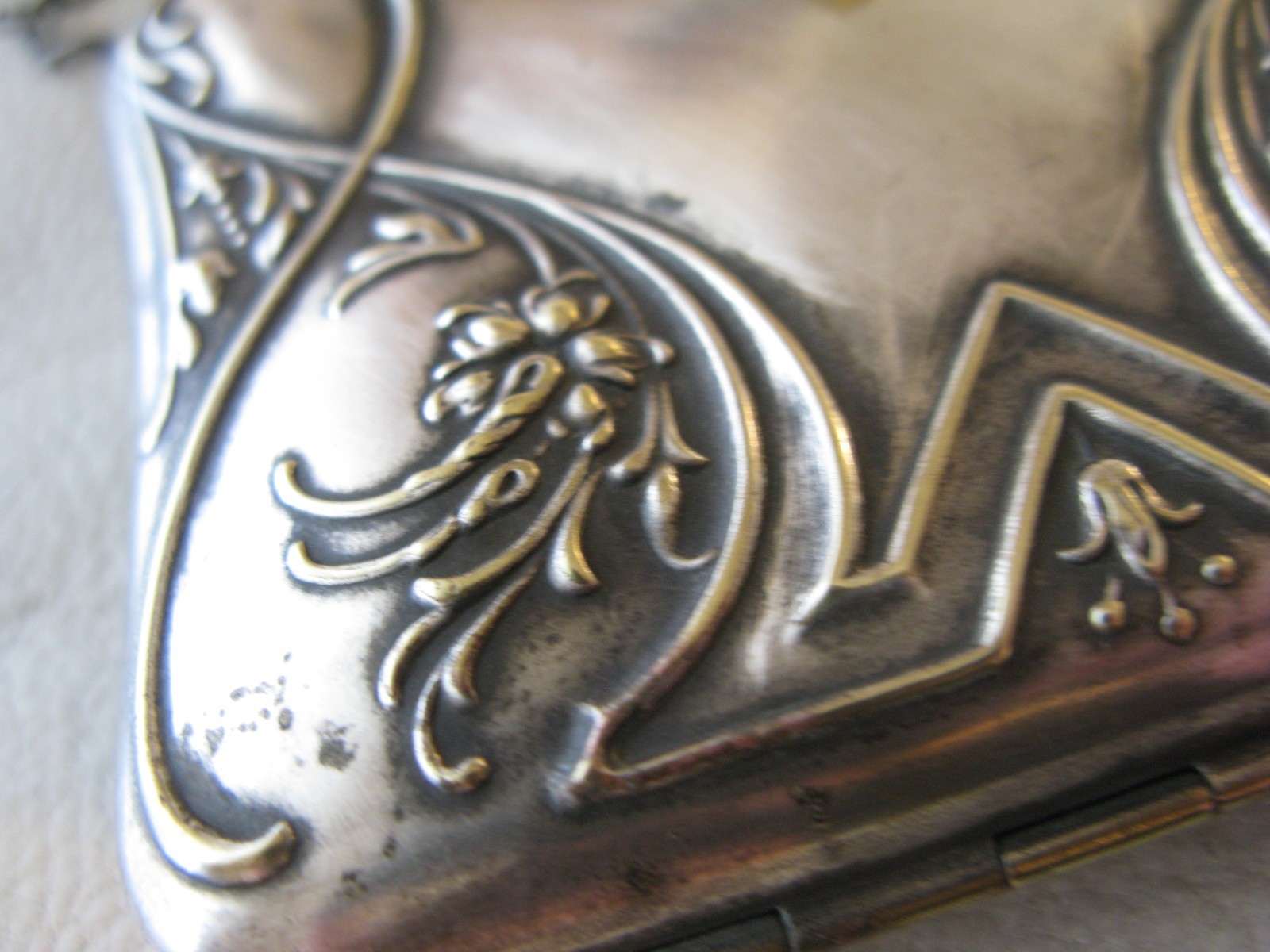 Antique Art Nouveau Silver Floral Card Case Mirror Lipstick Holder Purse Wallet