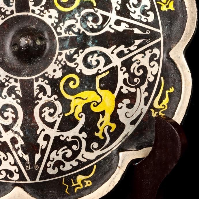 Old Chinese Dynasty Bronze Ware Gilt Sliver Dragon Beast Mirror Bronze mirror
