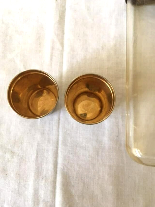 Vintage Flask Plastic Silver Plate Two Cups Silver Gold Tone Camping Hiking