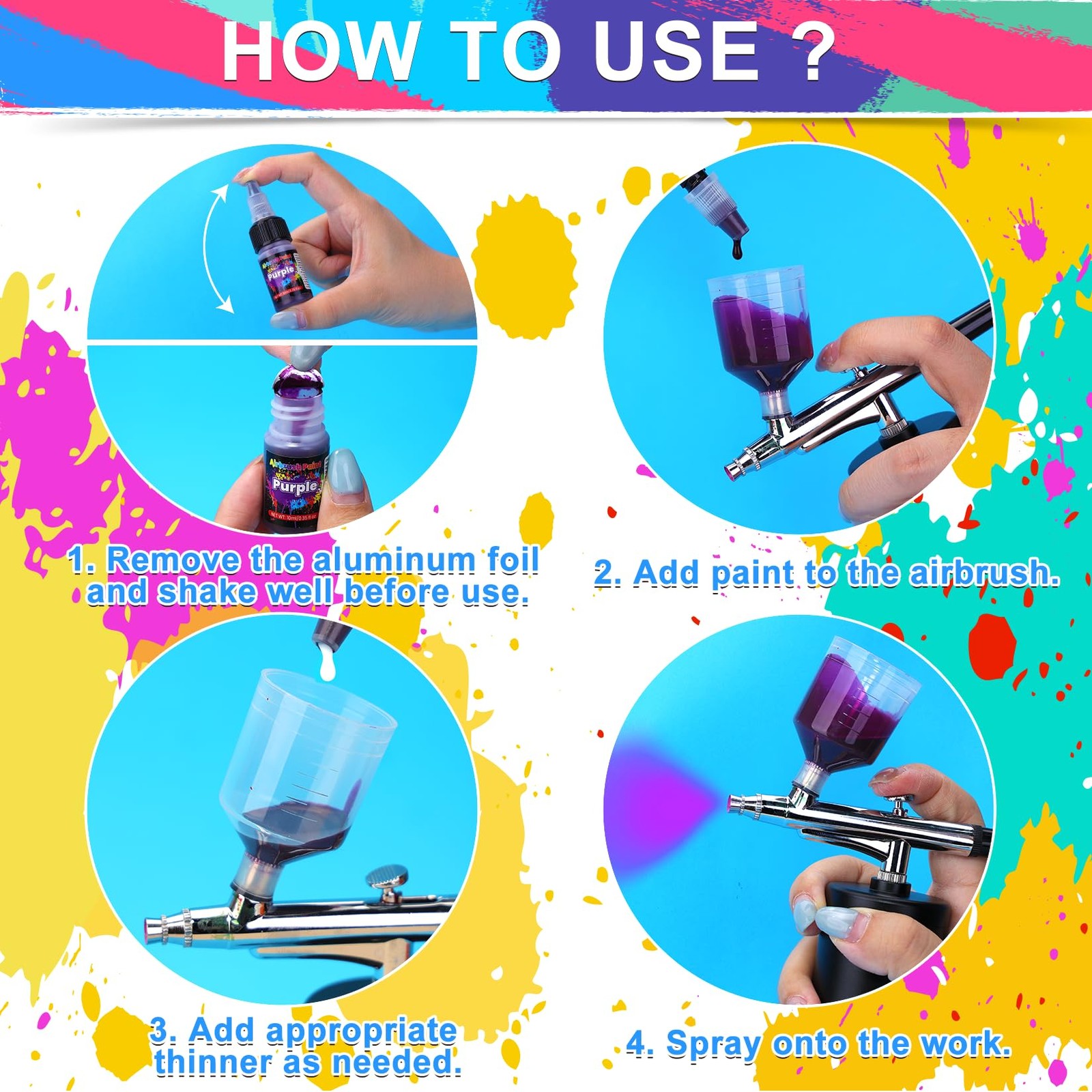 Airbrush Paint Set - 54 Colors Thinners for Model, Car, Fabric, Metal Art