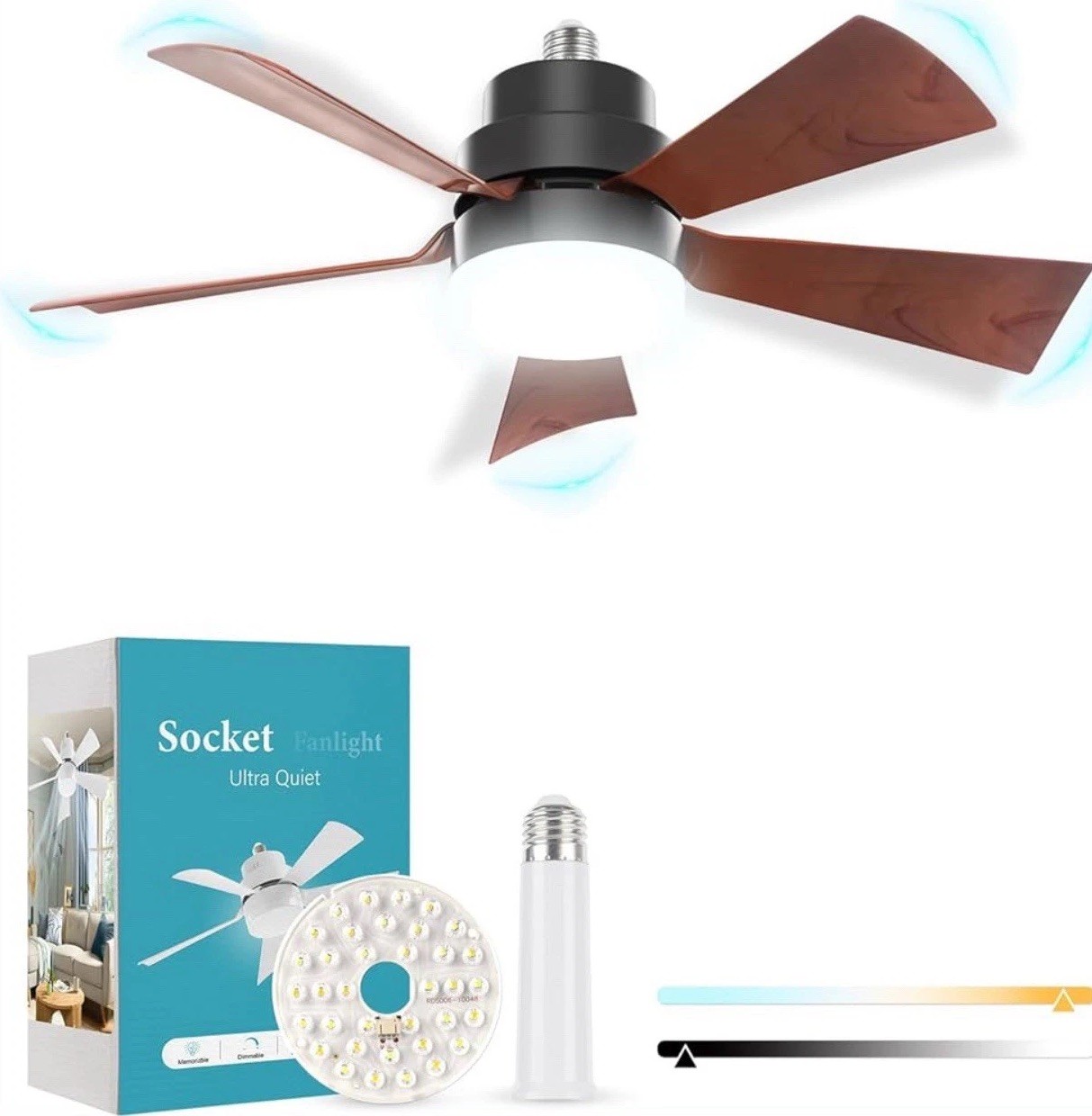 Socket Fan Light, E26 Screw in Bulbfan with 1 Spare Lightbulb, Ceiling Fans