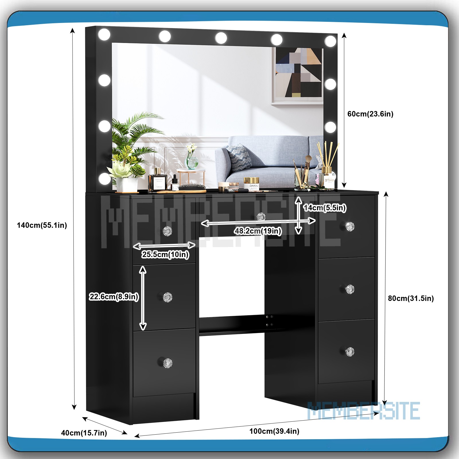 Black Vanity Makeup Desk Dressing Table With Large Mirror + Drawer &Crystal Pull