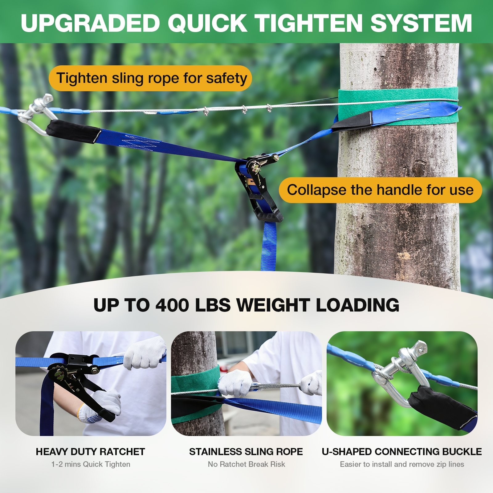 300FT Zip Line for Adults and Kids - Up To 400LBS Quick Tighten Zip Line Kit