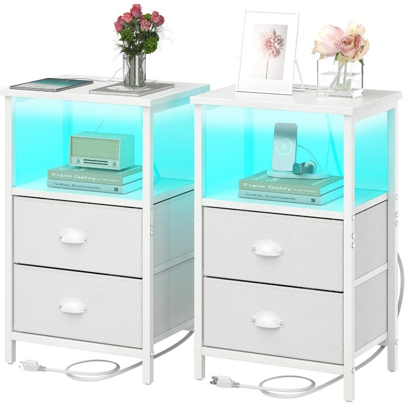 Nightstand with Charging Station, LED Night Stand Set 2, Bedside Table End Table