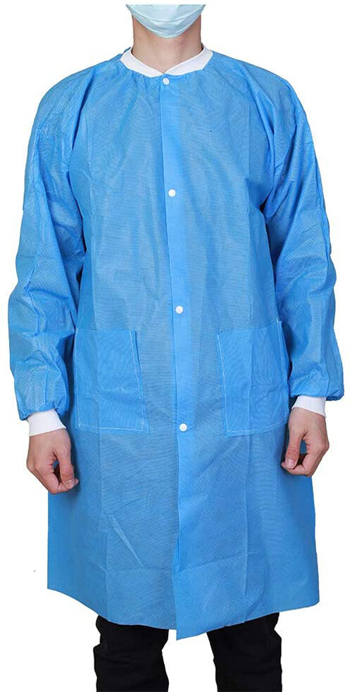 Pack of 10 Disposable Lab Coat Blue SMS with Pockets Adult Knitted Collar Cuffs