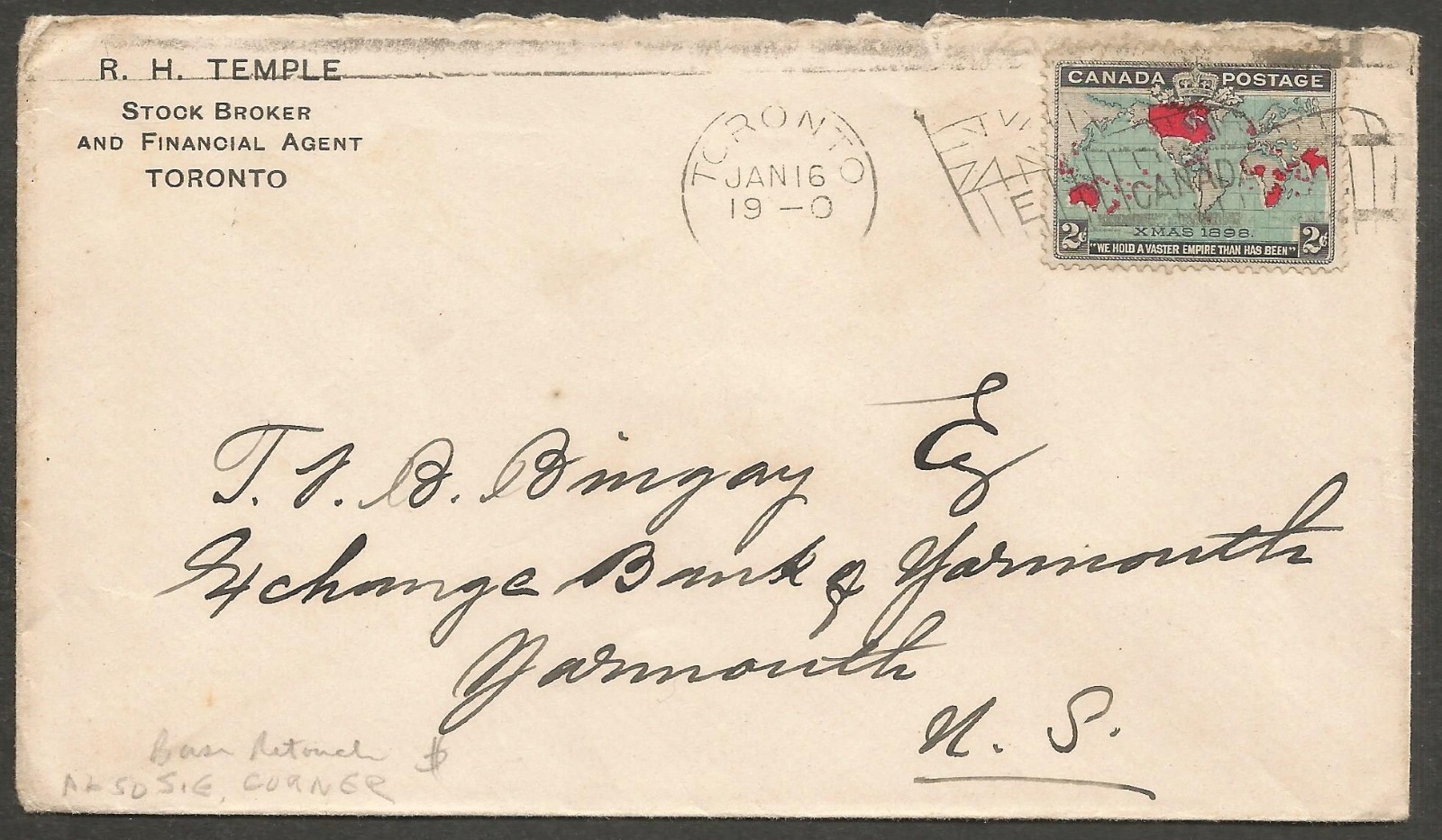1899 2c Map Stamp Cover Flag "E" Toronto Ont to Yarmouth NS Stock Broker Corner