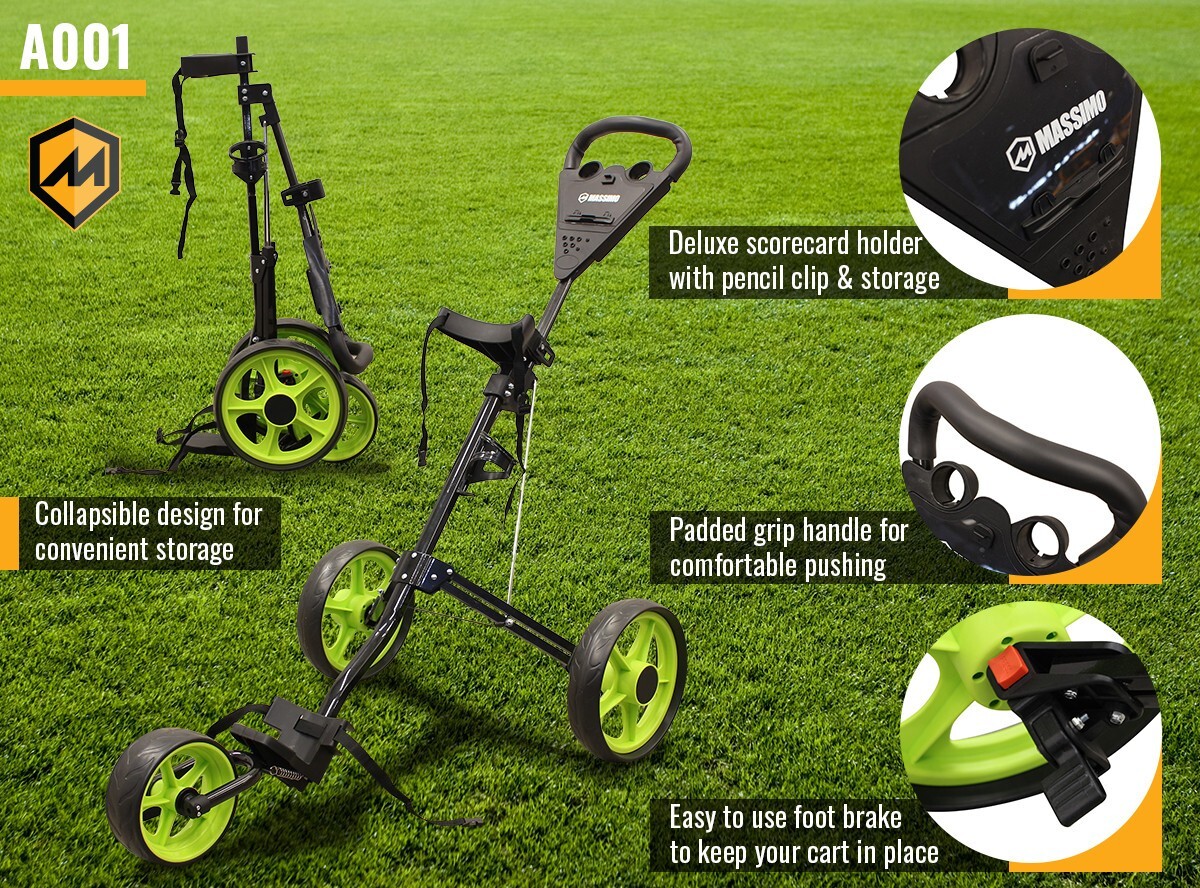Massimo Golf Push Cart 3 Wheel Lightweight Easily Collapses Cup Holder & Storage