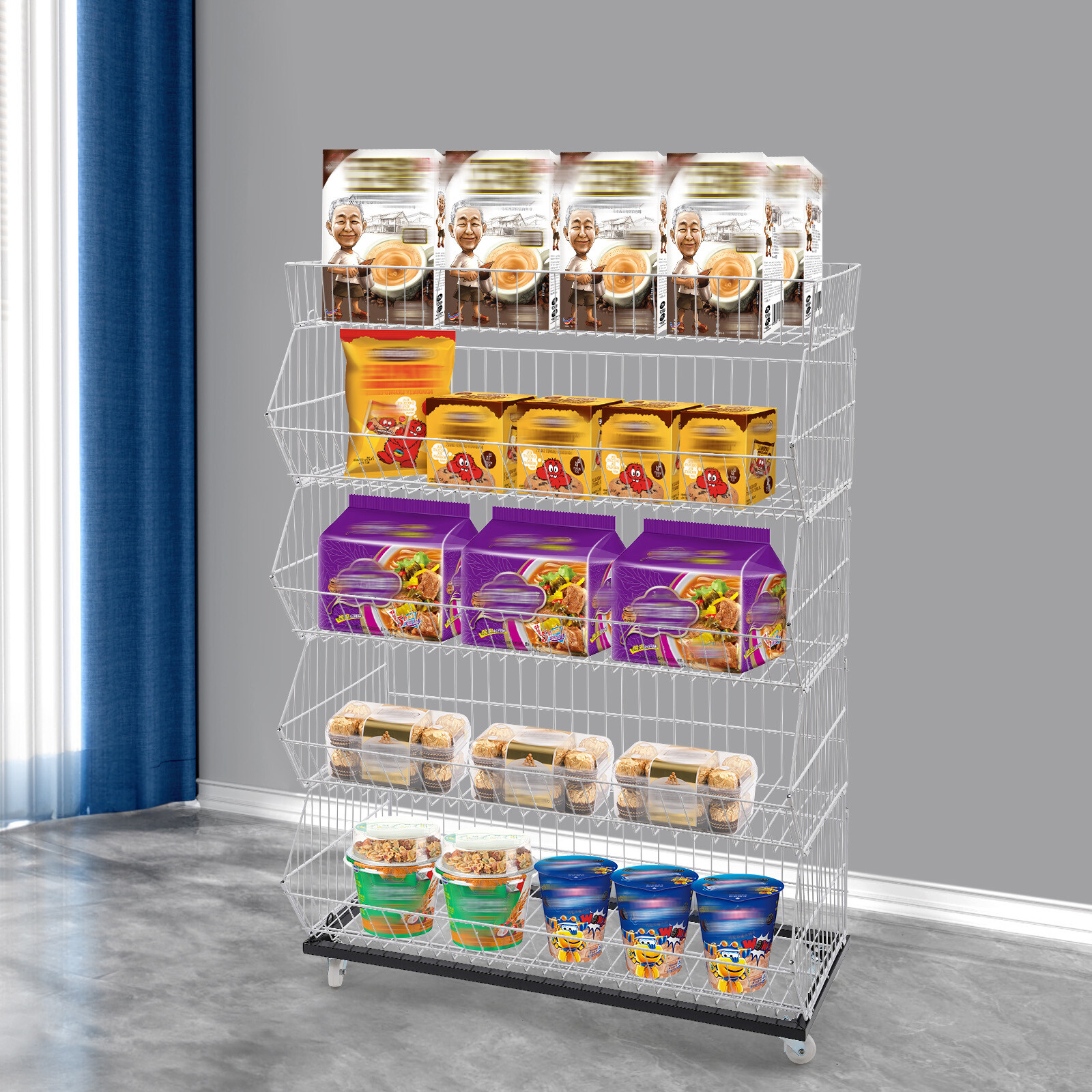 5 Tier Wire Grid Retail Display Shelf Merchandise Display Rack Stand w/4 Pulleys