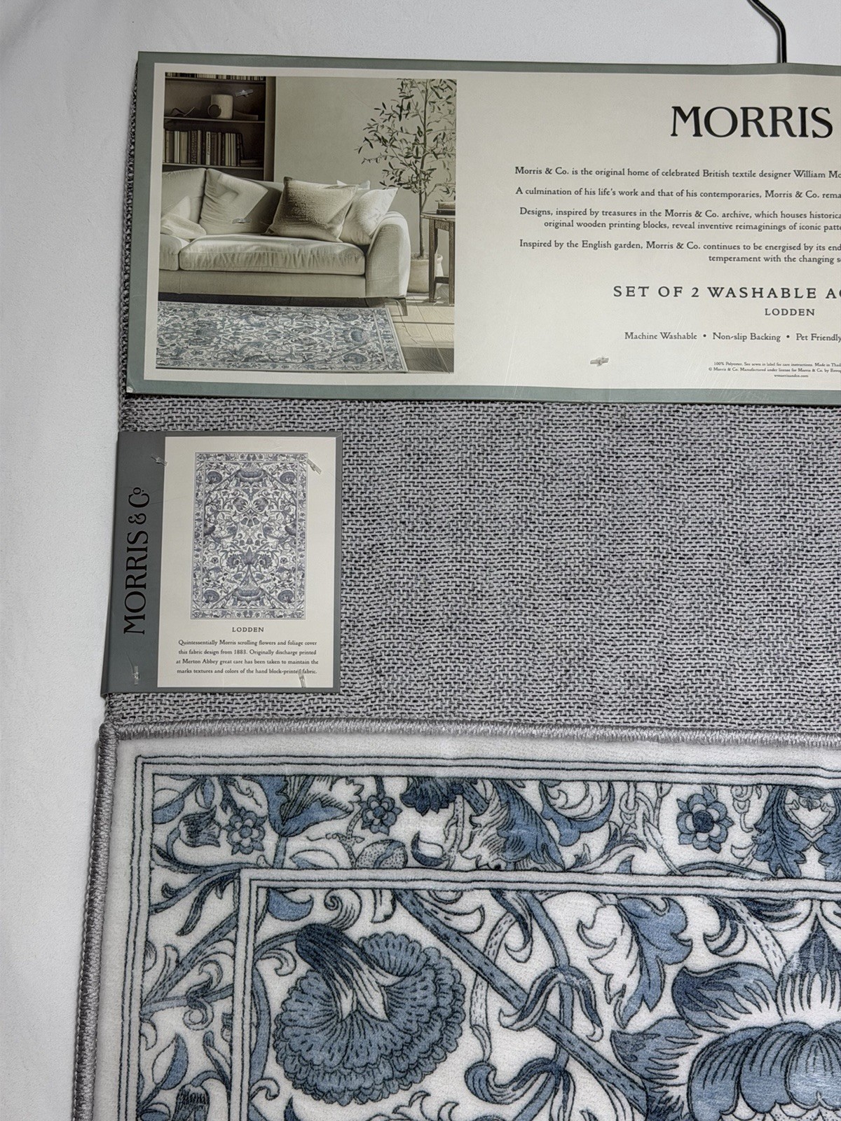 NEW Morris & Co 2 Piece Accent Rug Set Lodden Blue White 2'x5' Washable 24"x36"