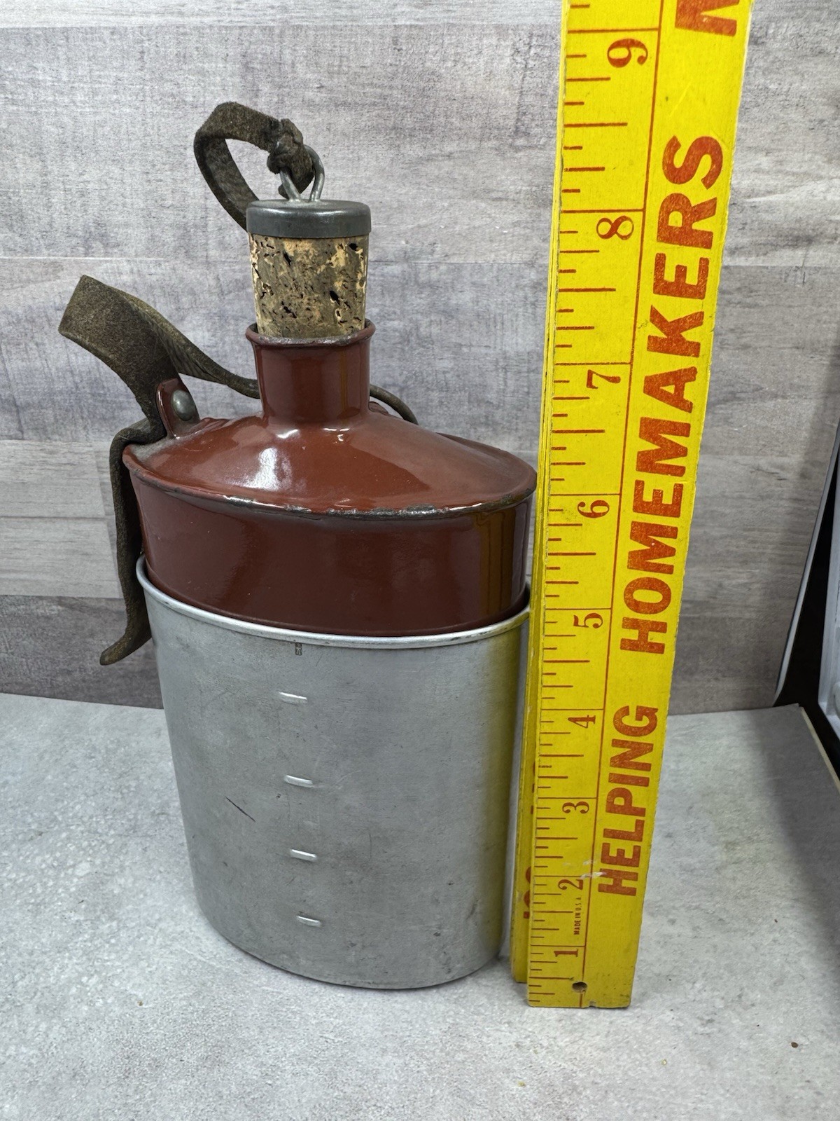 Vintage Swiss Army Canteen Enamel Water Bottle w/ Cork & Leather Strap 8.5”