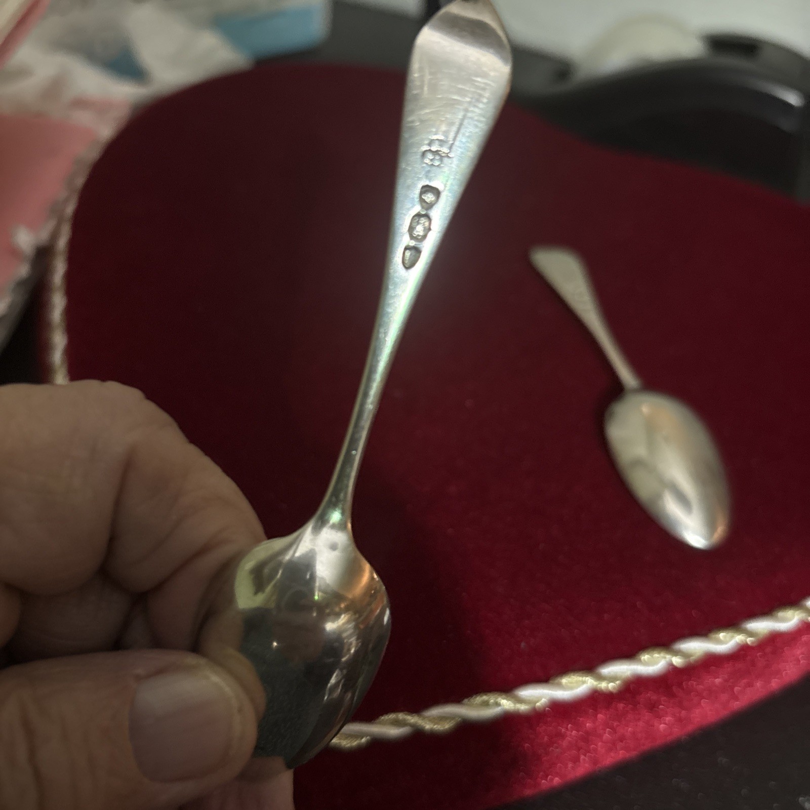 Set of 2, Sterling English Demitasse Spoons, 1895, 4”, 9.7, 9.3 g., Pattern ?