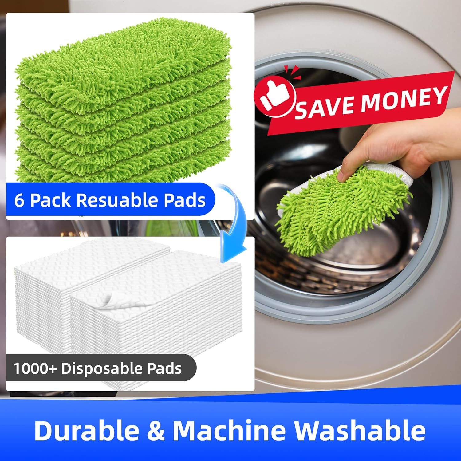 6 Pack Reusable Chenille Mop Pads 10–12 Inch Wet Dry Washable Refills