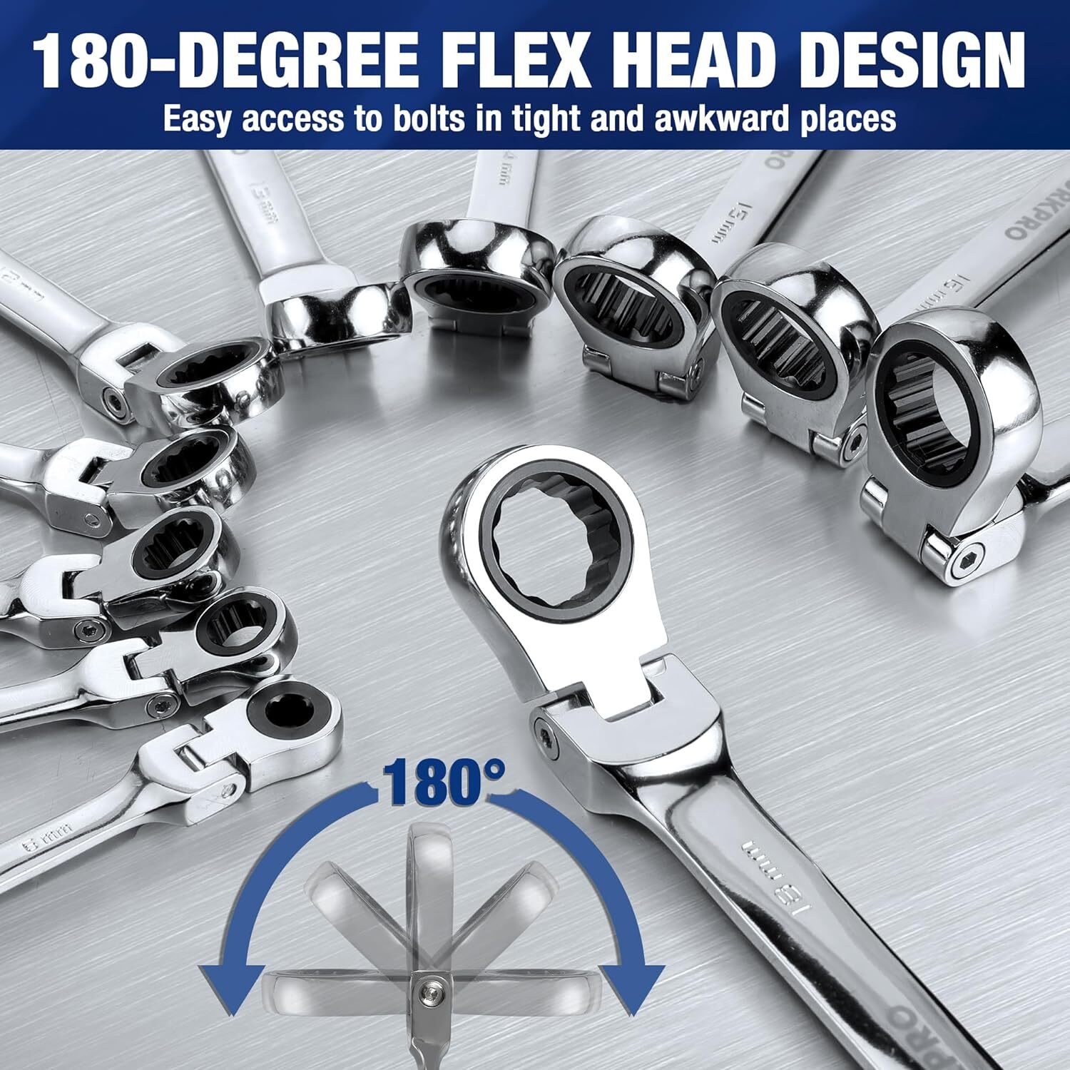 22-Pieces Ratcheting Flex-Head Combination Wrench Set Metric 6-18mm&SAE 1/4-3/4"
