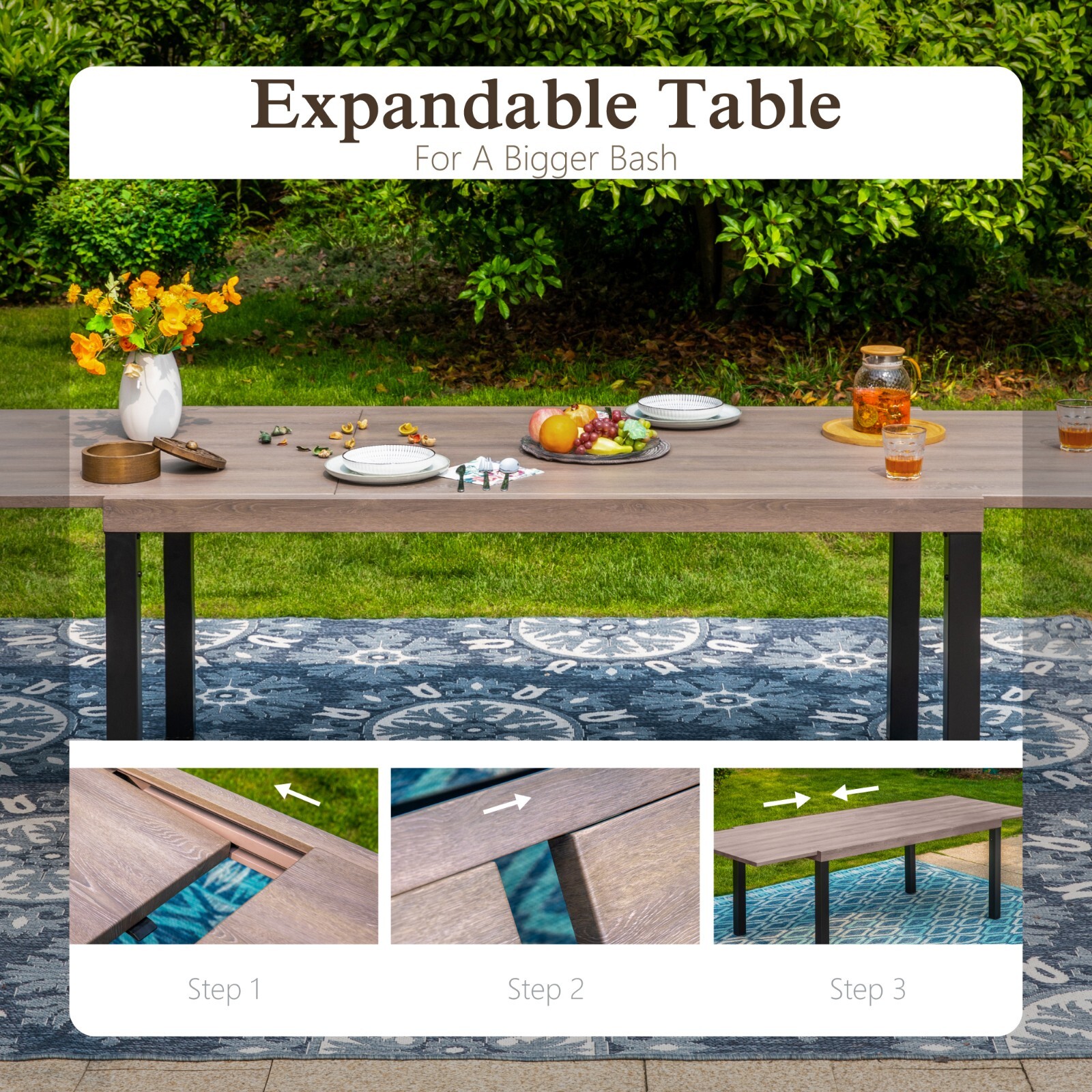Expandable Patio Dining Table Metal Rectangular Outdoor Table for Garden Porch