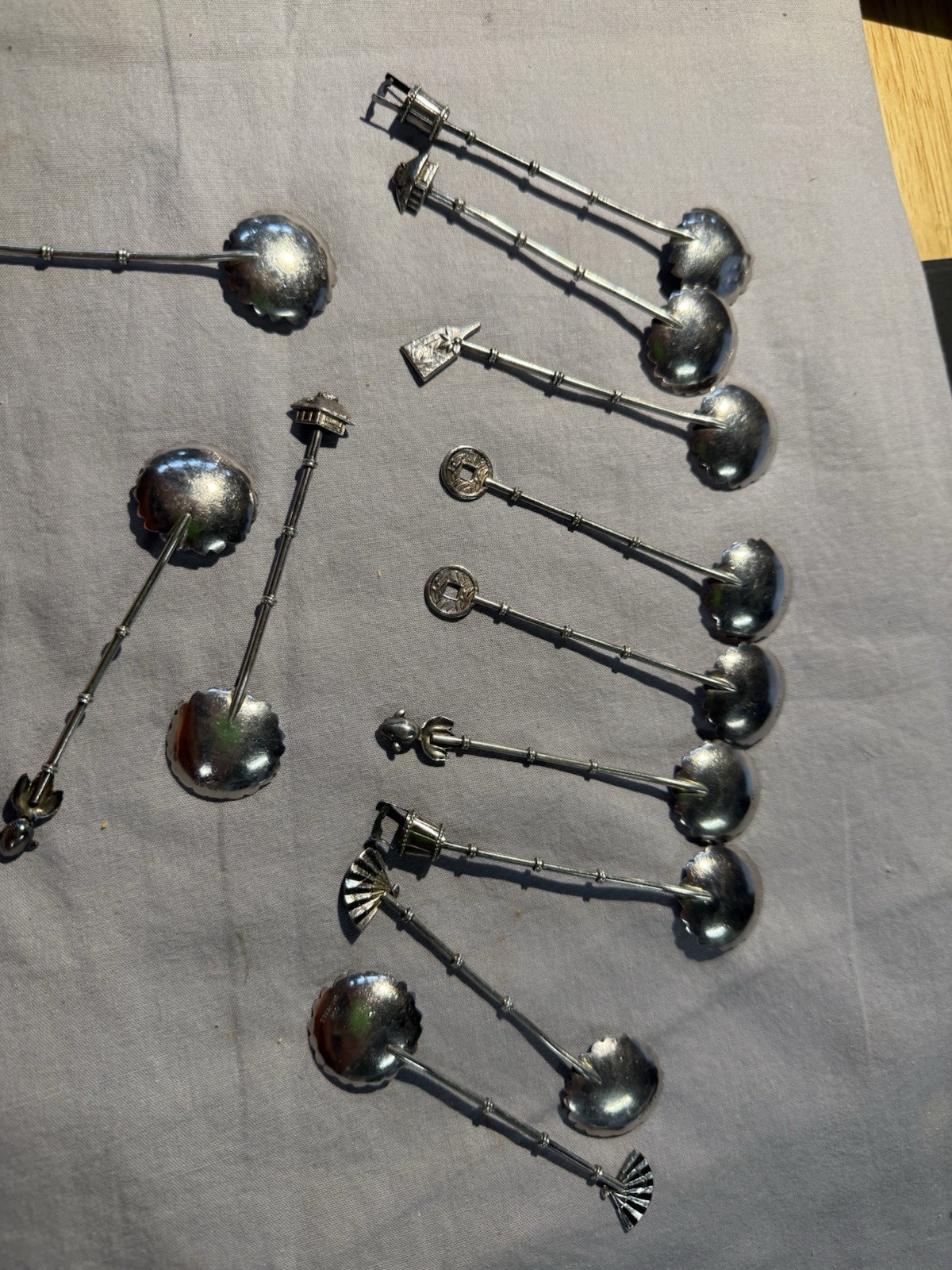 Sterling Silver 950 Demitasse Spoons Figural Motifs Japan Set of 12. Vintage