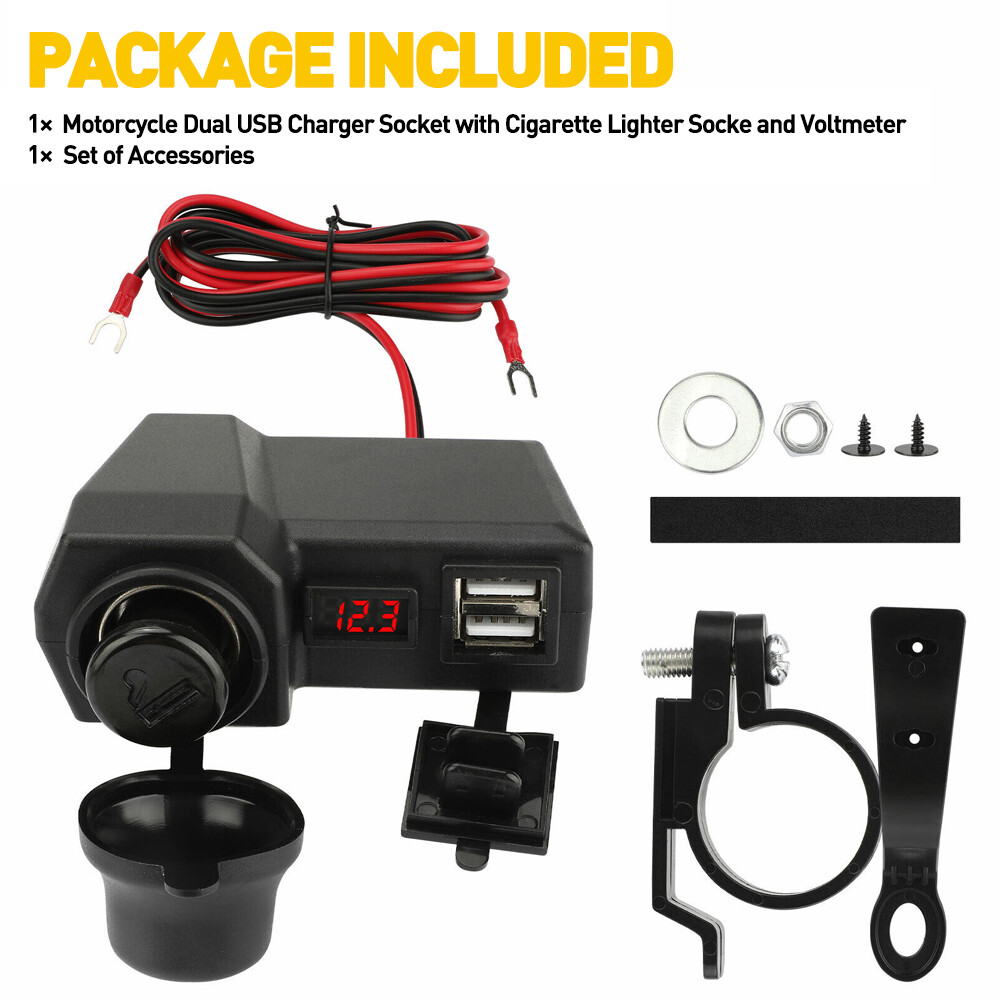 Motorcycle Handlebar Cigarette Lighter Socket Dual Charger USB W/ LED Voltmeter