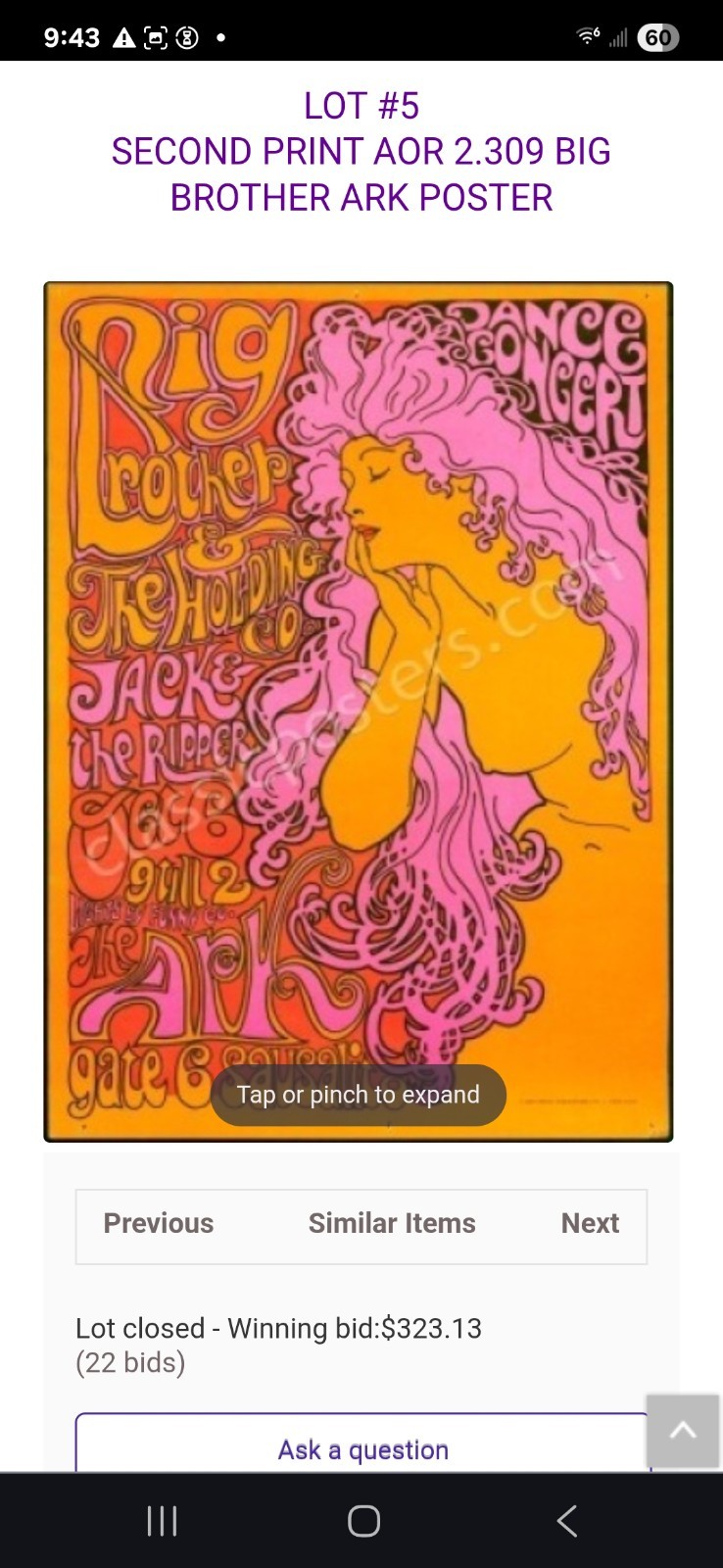 Big Brother Janis Ark Sausalito Poster AOR 2.309 1967 2nd Print RP-2 BG FD
