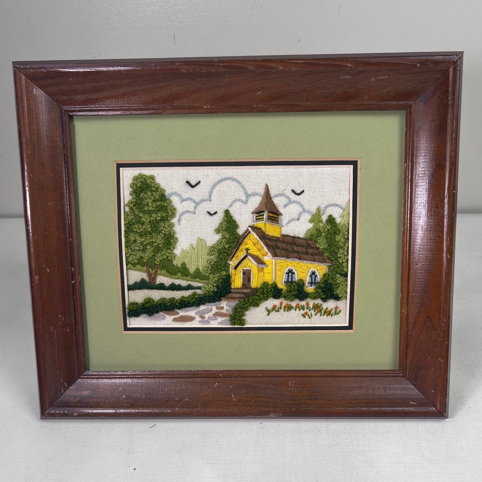 Vintage Crewel Embroidery Completed Woodside Church Framed 5x7 1980's Handmade