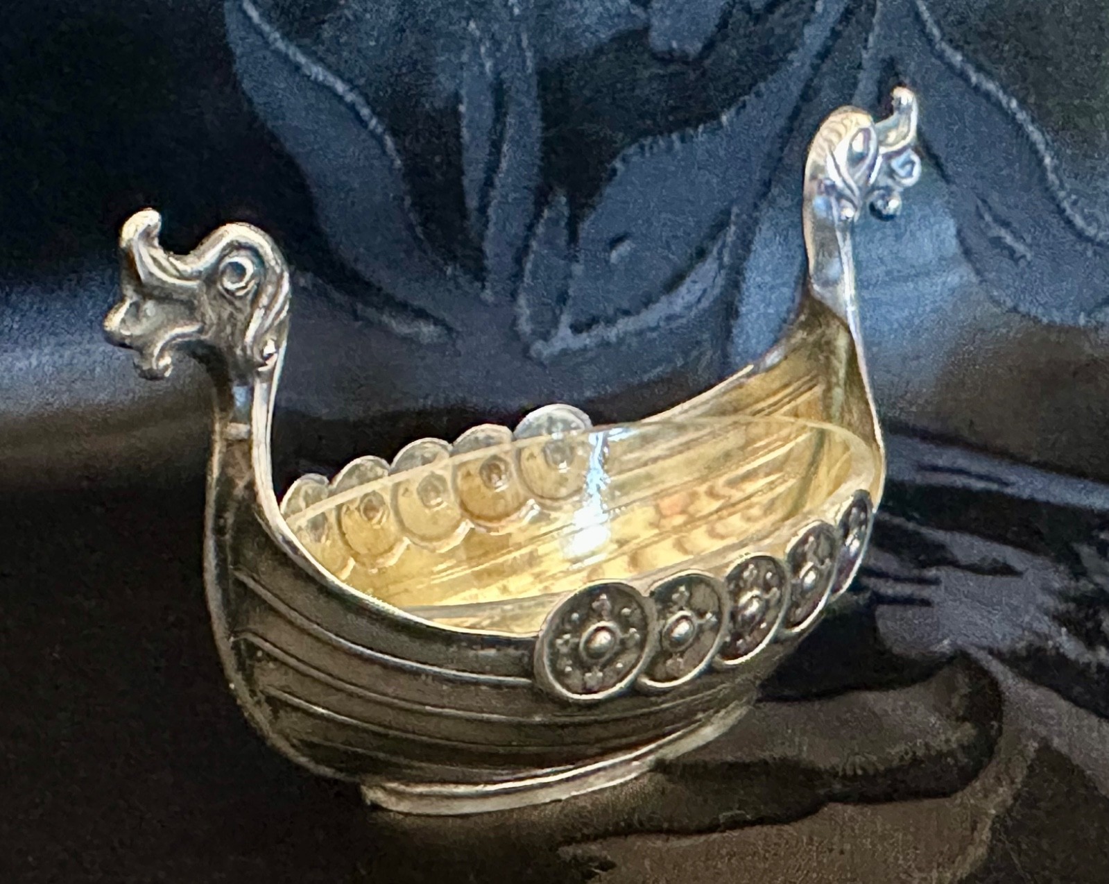 Vintage 925S Sterling Silver Viking Ship Salt Cellar Clear Glass Liner Insert