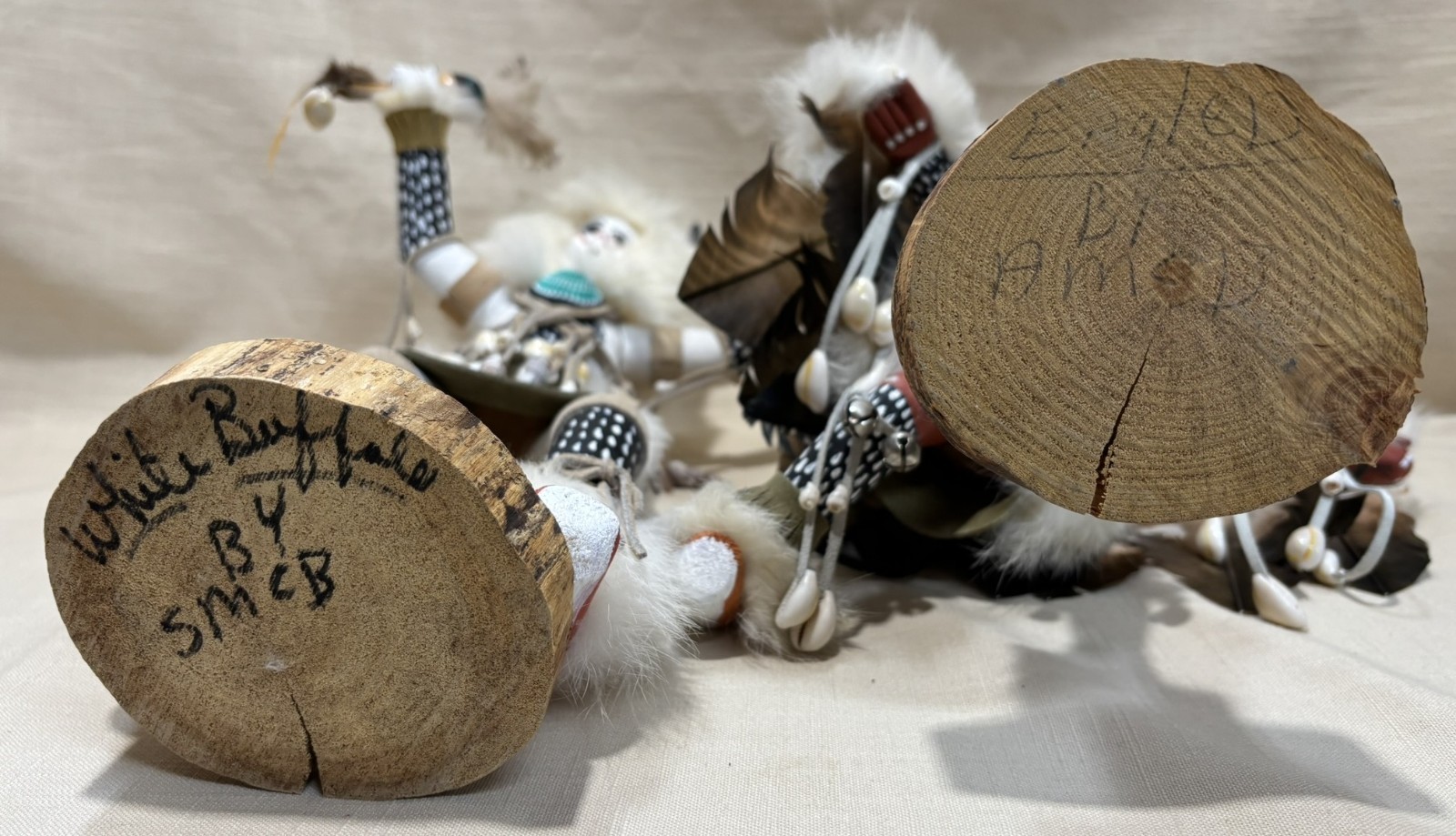 Kachina Sculptures Buffalo & Eagle Dancer 11-14" Handmade Feathers & Fur Signed