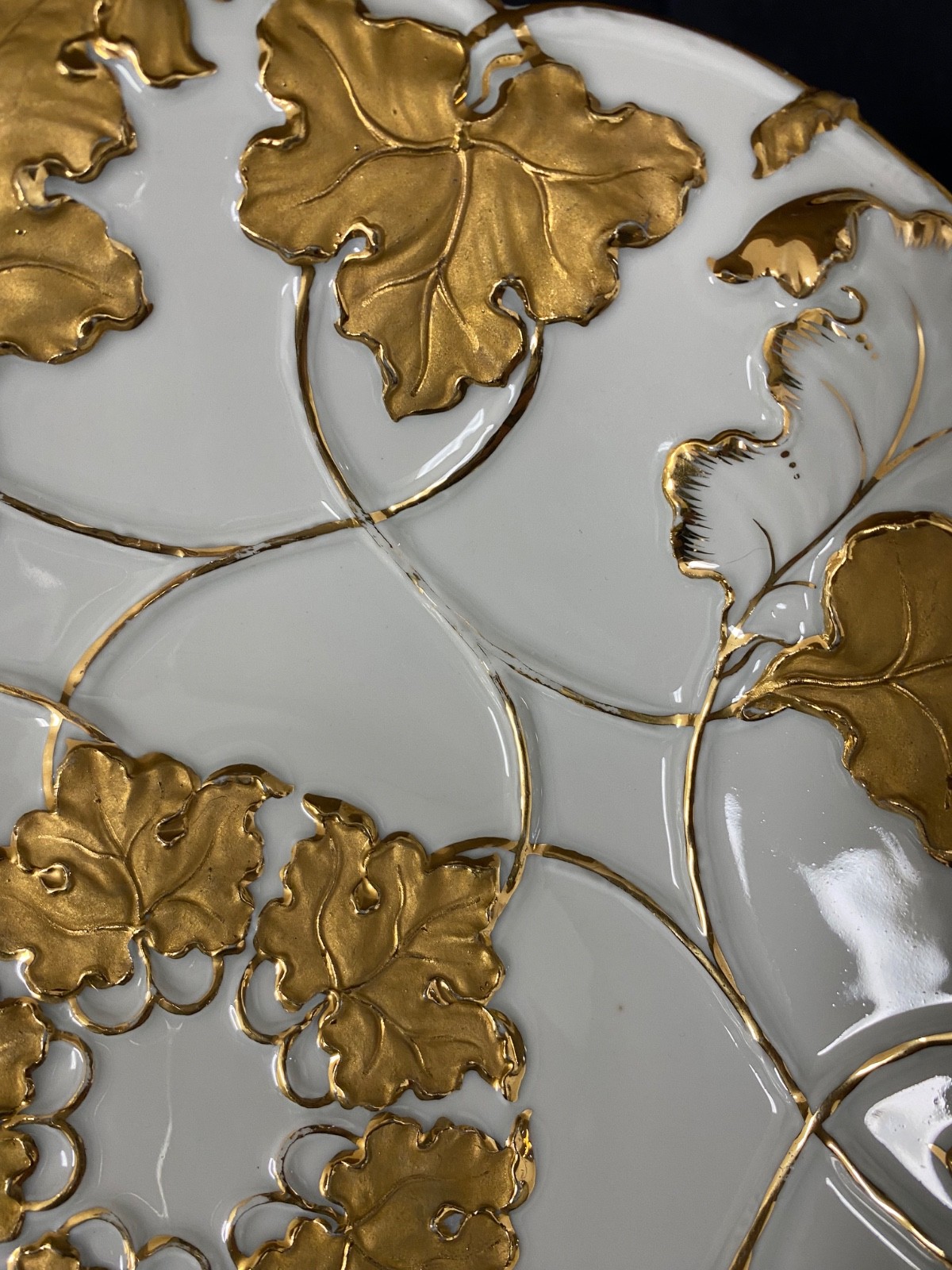 Antique Meissen Porcelain Fruit Bowl Serving Dish Gold Leaves 11"