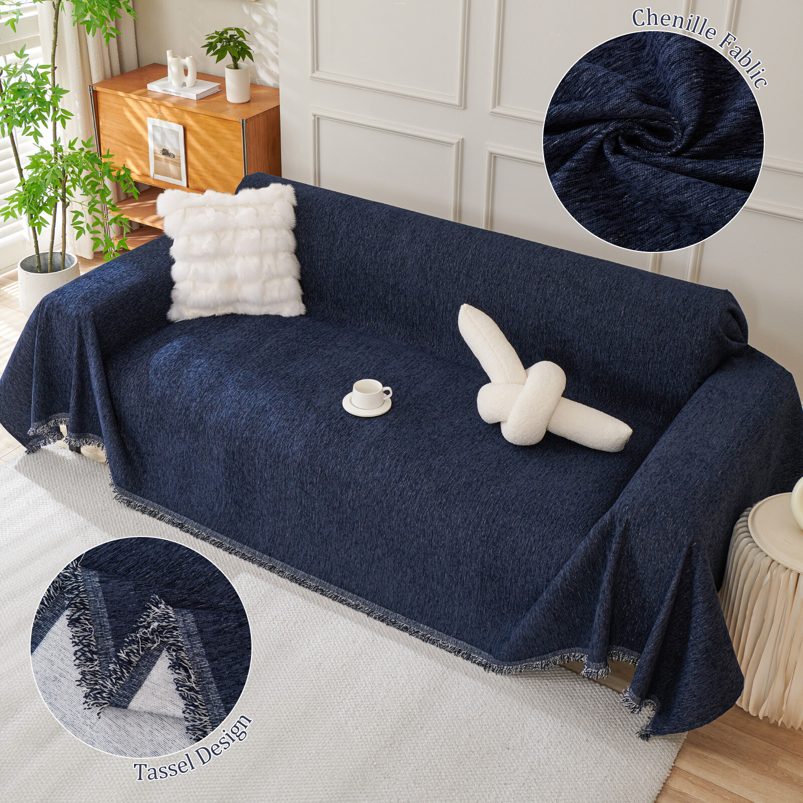 Extra Large Sectional Couch Cover 91"W Chenille Sofa Slipcover w/ Tassel 8 Color