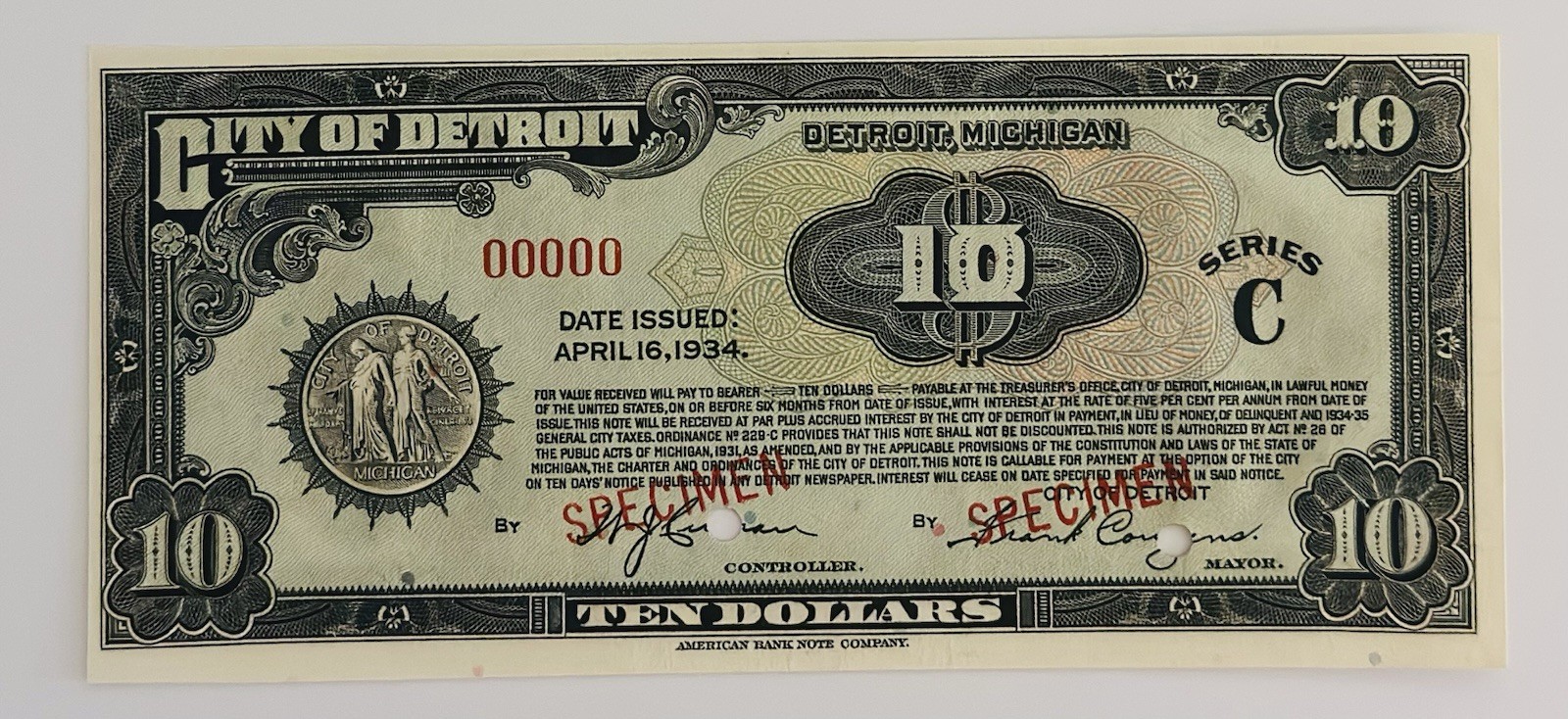 1934 $10 CITY OF DETROIT, MI.  DEPRESSION SCRIPT EXTREMELY RARE SPECIMEN NOTE
