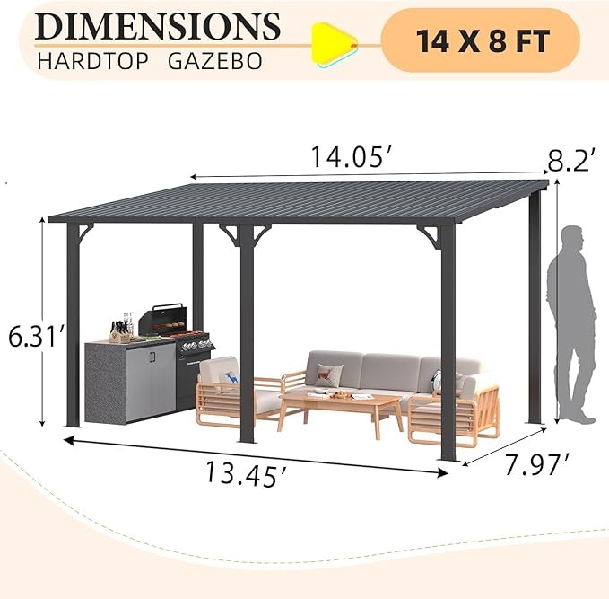 Heavy Duty Hardtop Lean-to Gazebo Galvanized Steel Pergola