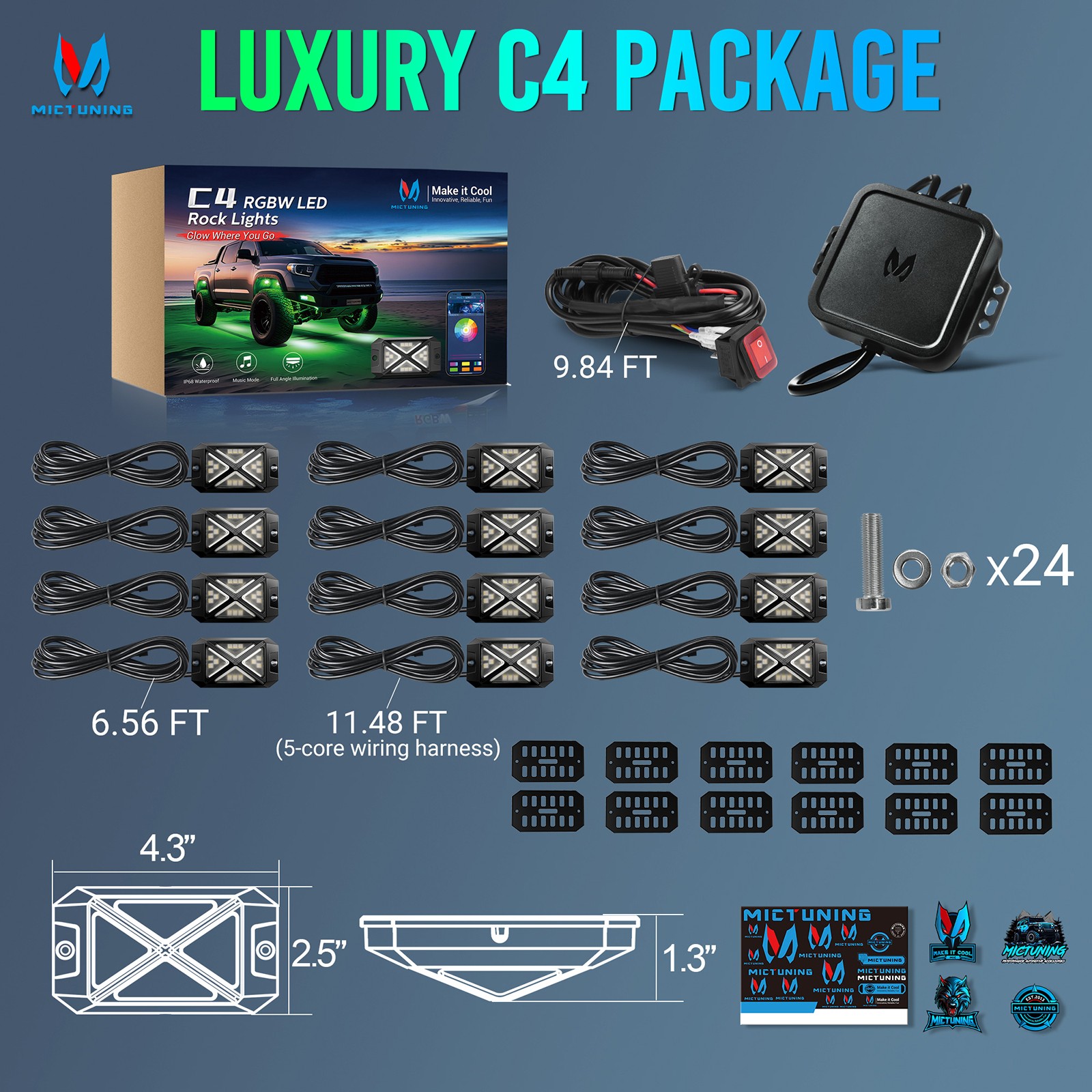 MICTUNING C4 RGBW LED Rock Light,12-Pods Car Underglow Neon Accent Light LED Kit