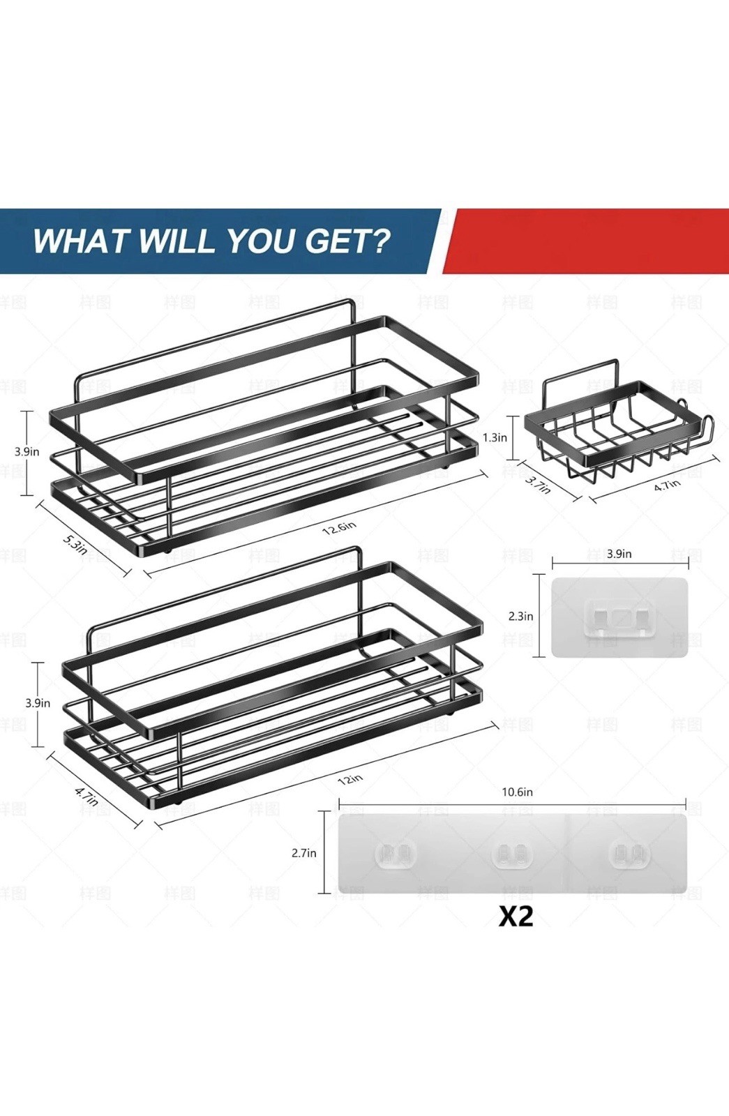 ACMETOP Adhesive Anti-Rust Metal Shower Organizer Set, Black, 3 pcs