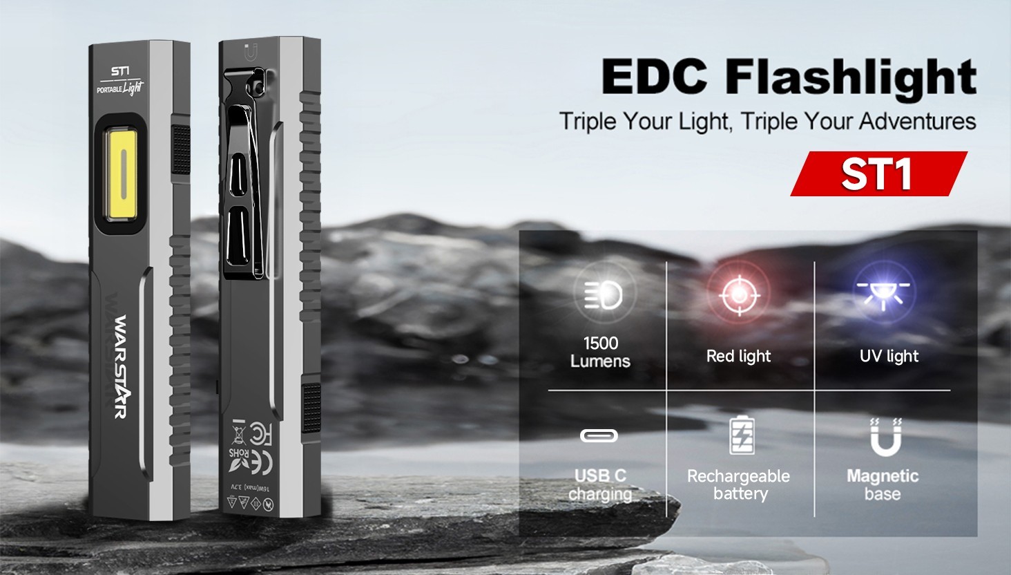 WarStar 1500 Lumen Rechargeable USB-C Flat EDC Flashlight Multi-Function Light