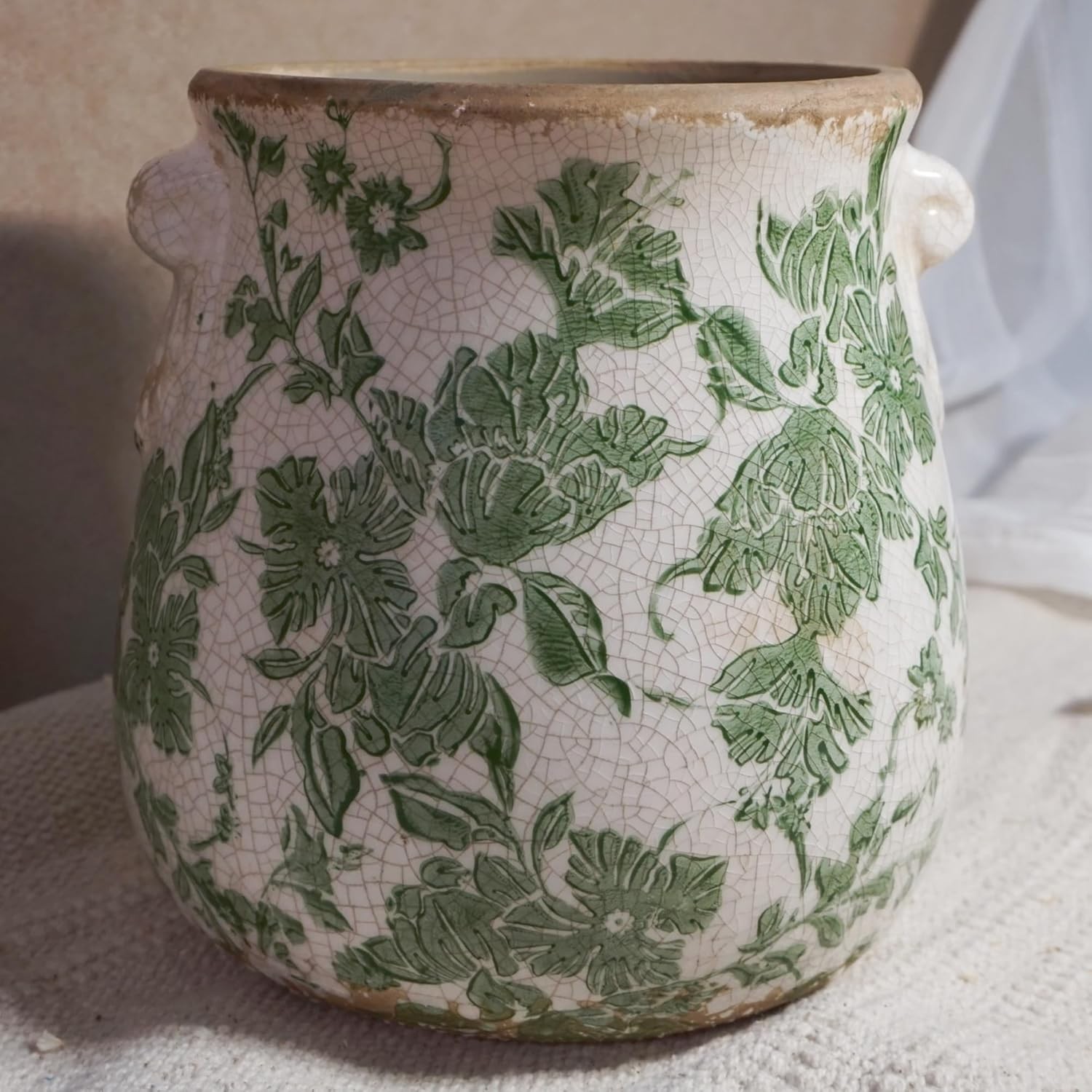 Vintage Green and White Ceramic Floral Vase Planter, Rustic Crackle Glaze Pot...