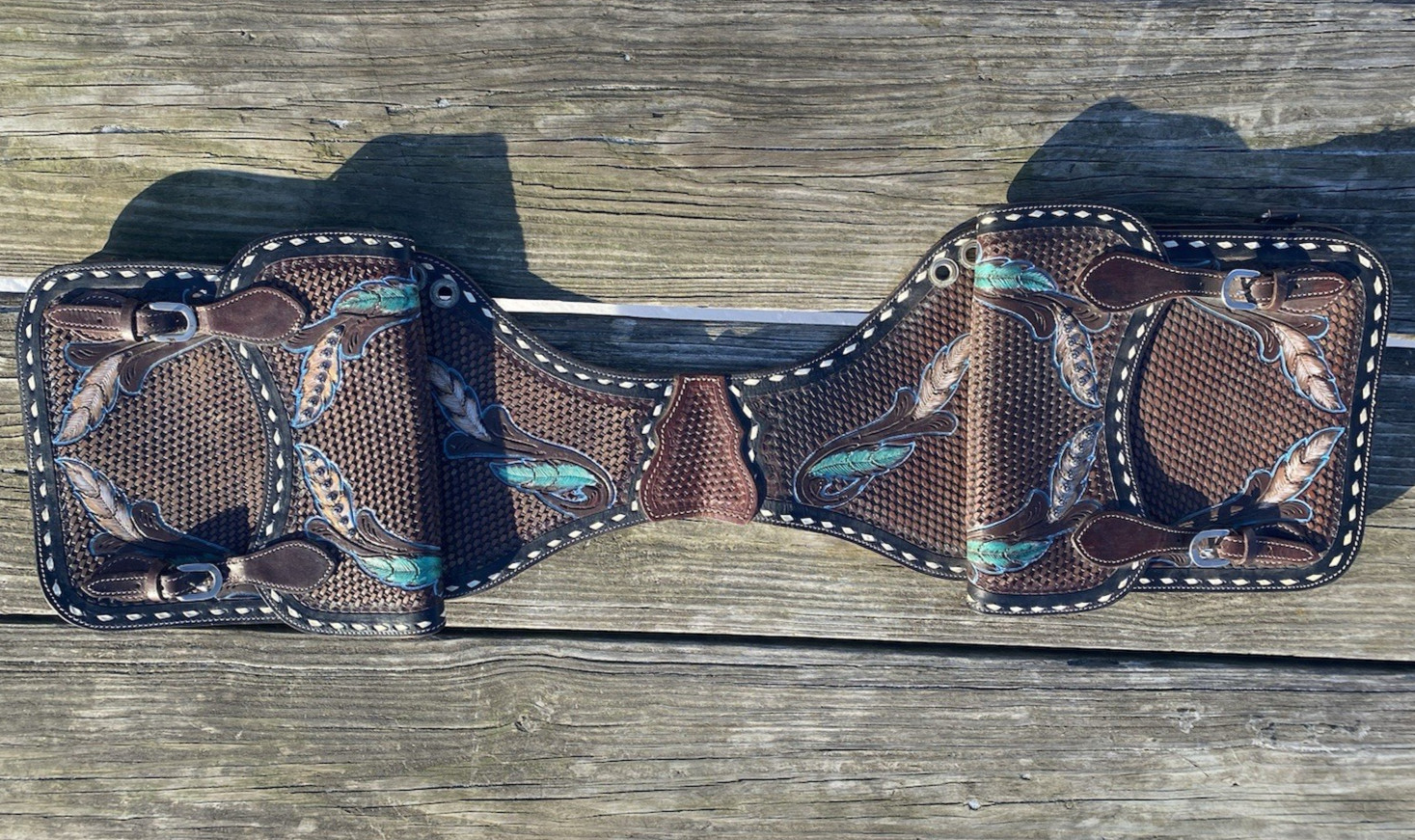 Basket tooled brown leather Western saddle bags with/hand painted feathers