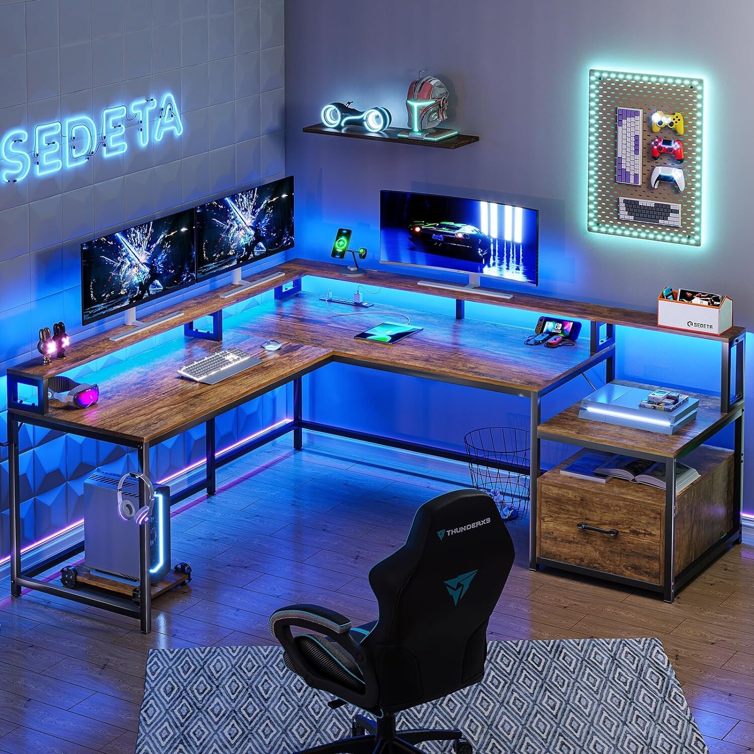 L Shaped Desk with Monitor Shelf 66" Home Office Desk w/Led Lights &Power Outlet