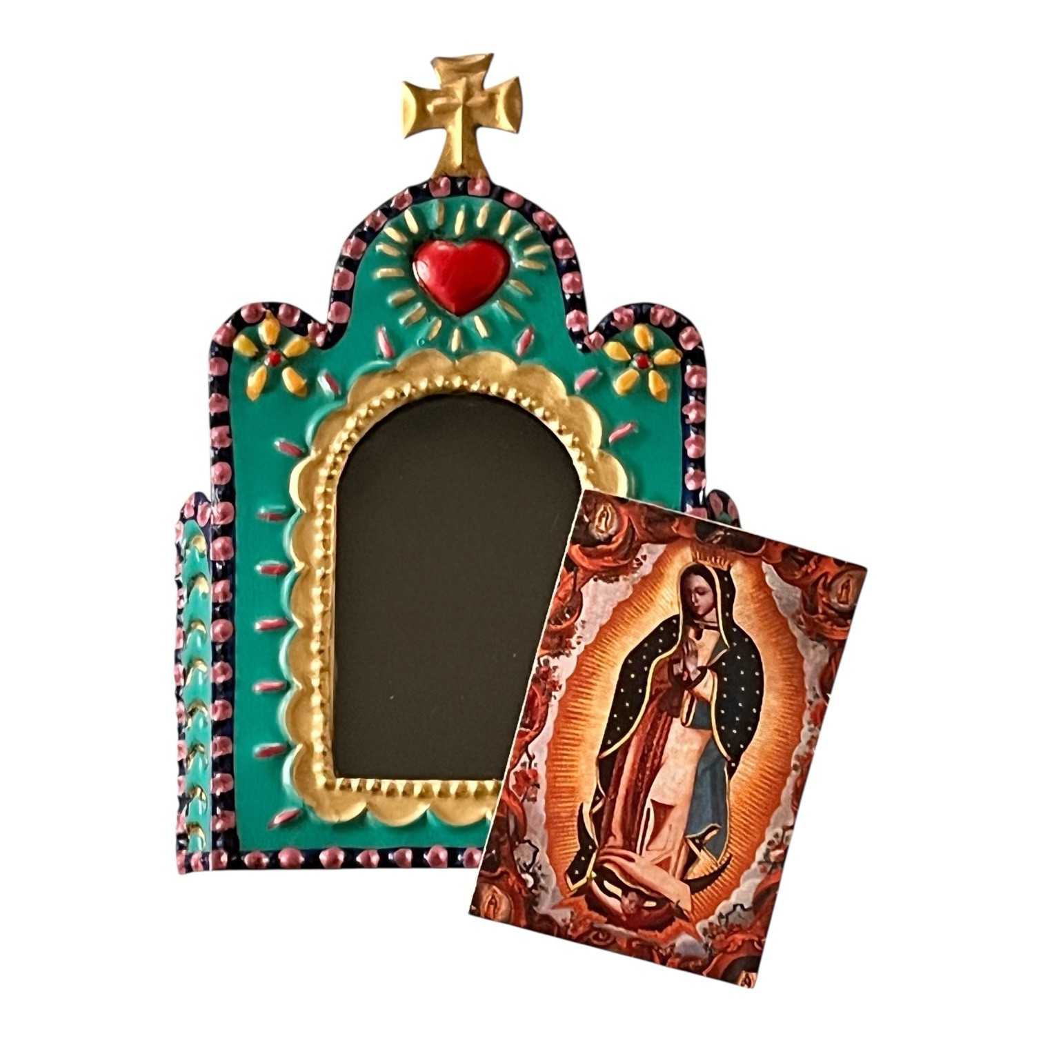 Small Church Nicho, Virgin Guadalupe Mexican Tin Heart Nicho Frame