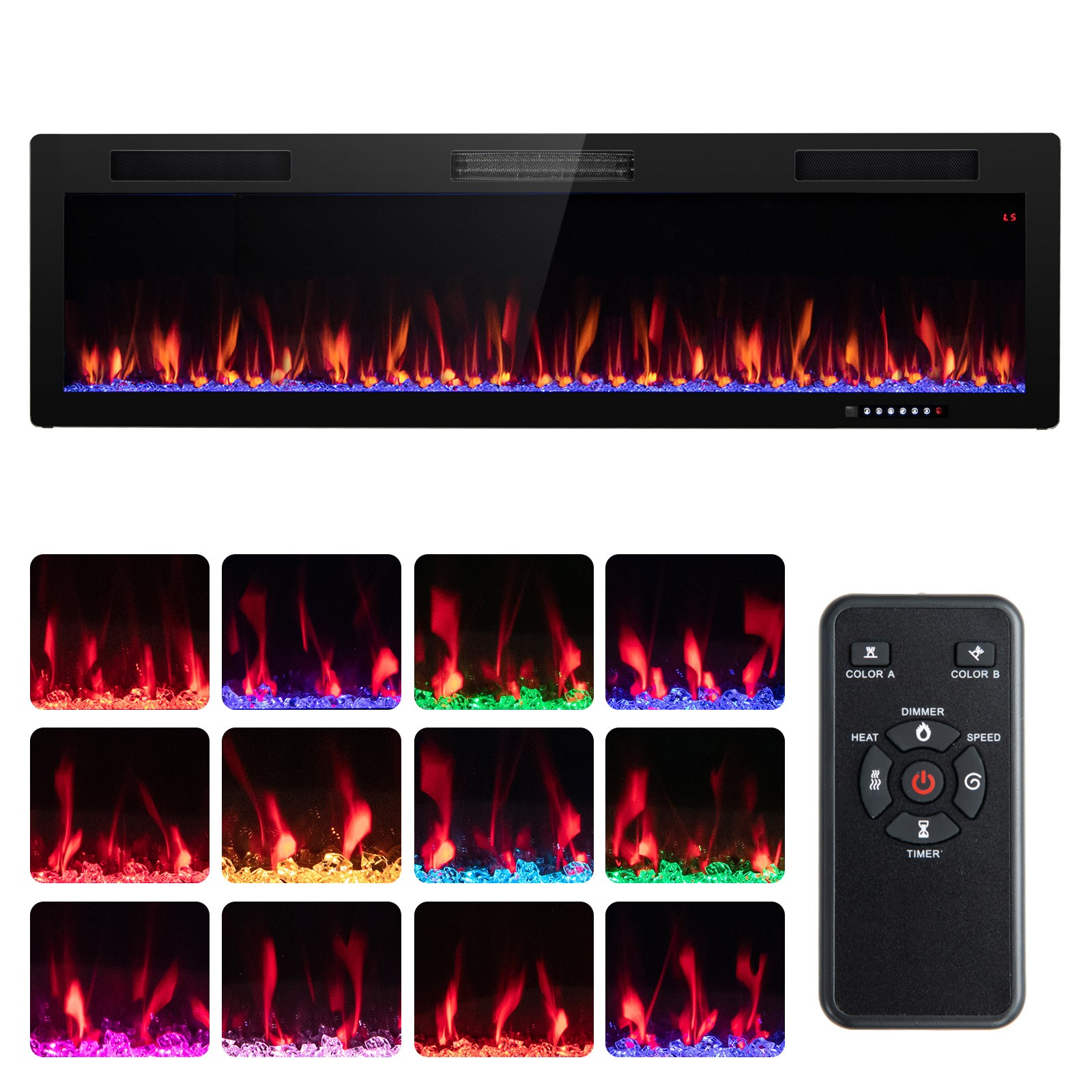60" Linear Electric Fireplace 1500W Recessed Wall-Mounted w/ Multi-Color Flame