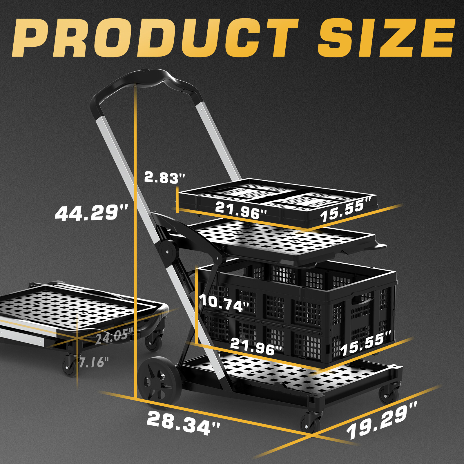 1 Trolley & 2 Folding Baskets Heavy-duty Collapsible Double Folding Service Cart