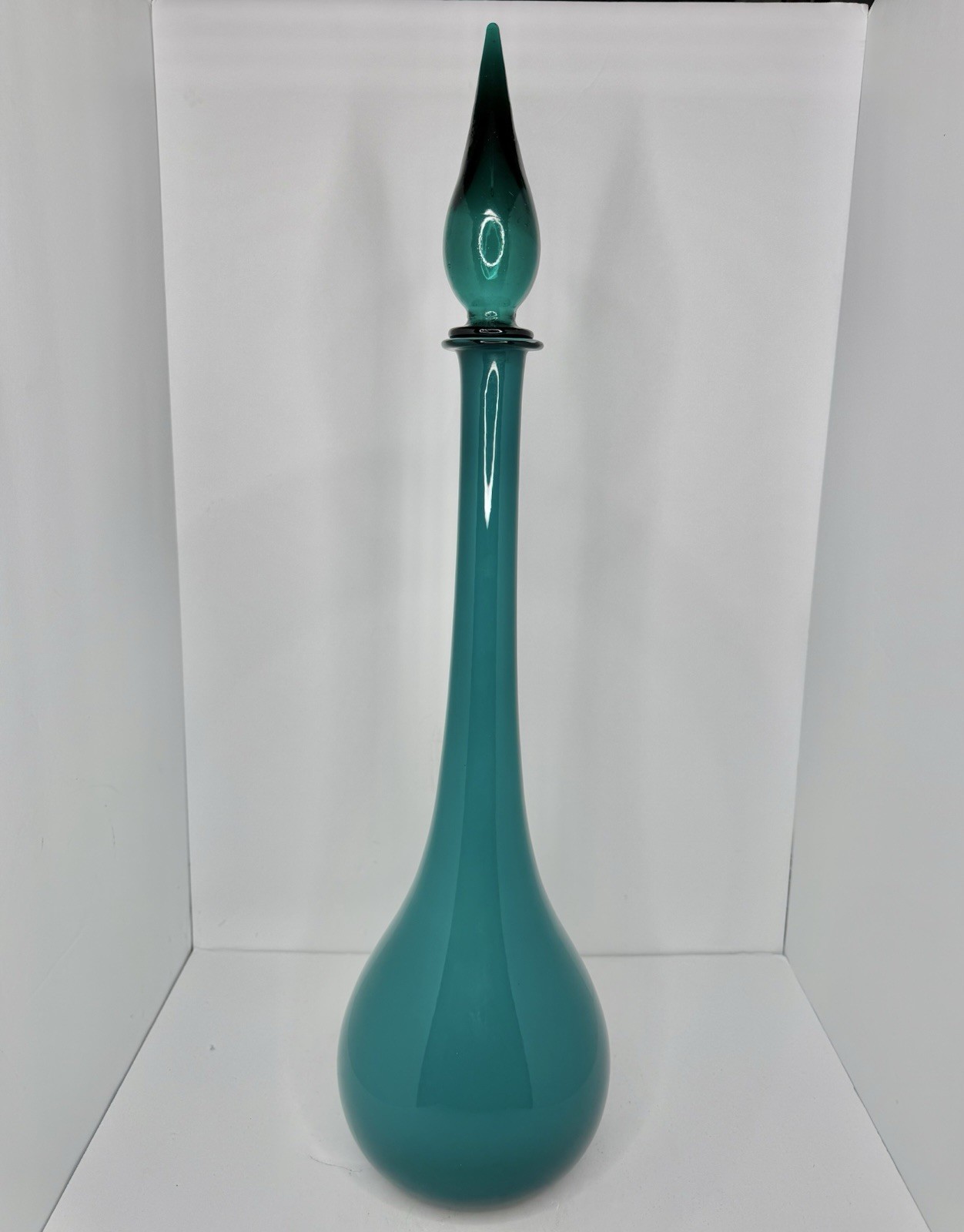 Vintage MCM Empoli Peacock Cased Glass 26.5” Genie Bottle Decanter W/stopper