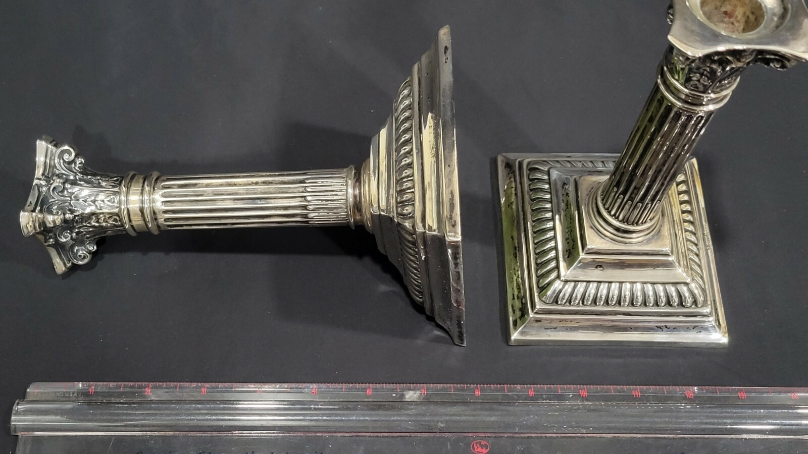 Two of Antique German Gebruder Deyhle 800 silver column candle sticks, 19th C.