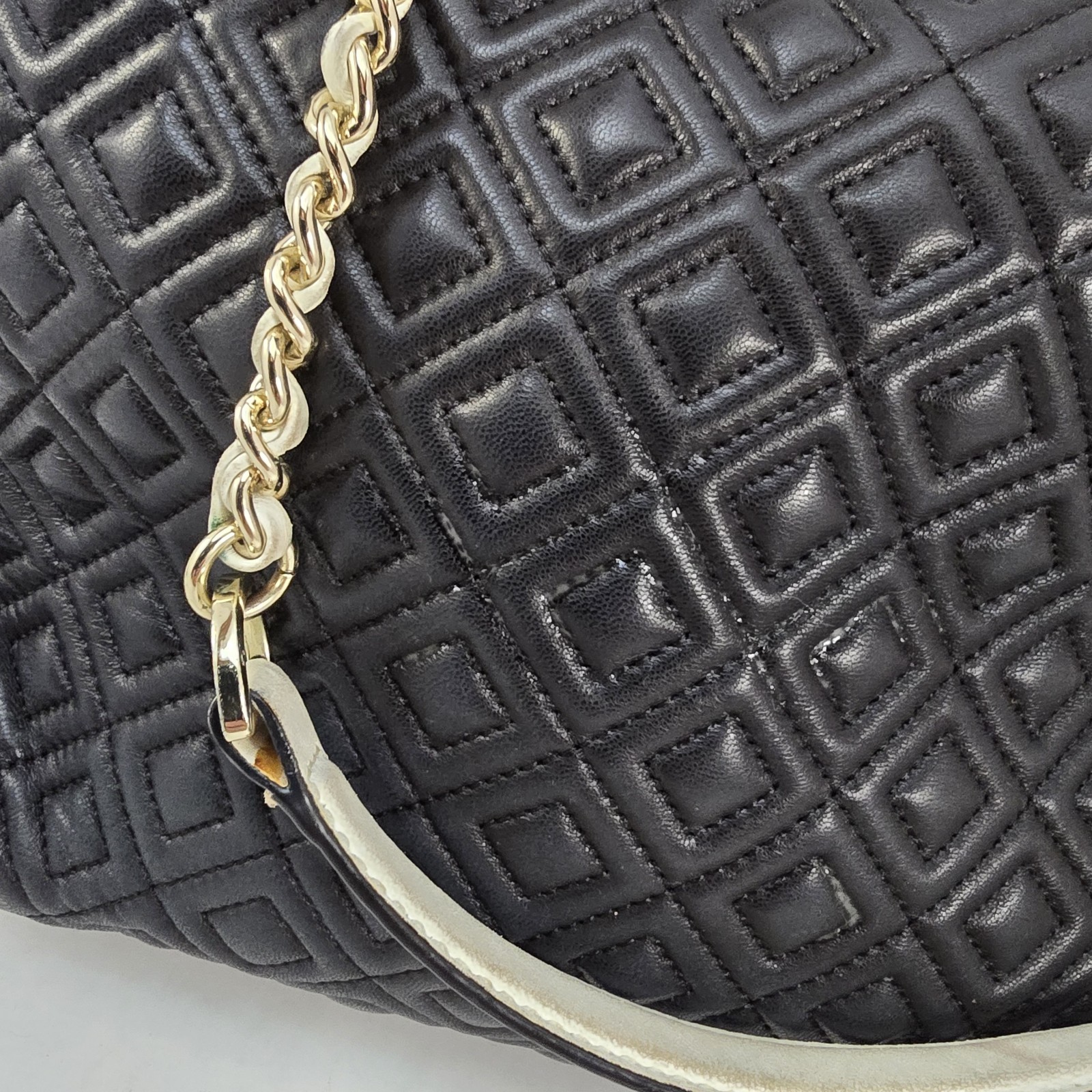Tory Burch Fleming Quilted Leather Tote Black Ivory Chain Shoulder Bag