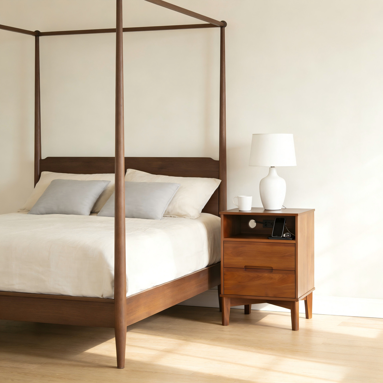 A set (2 pieces) of Mid-Century Modern nightstands with charging function